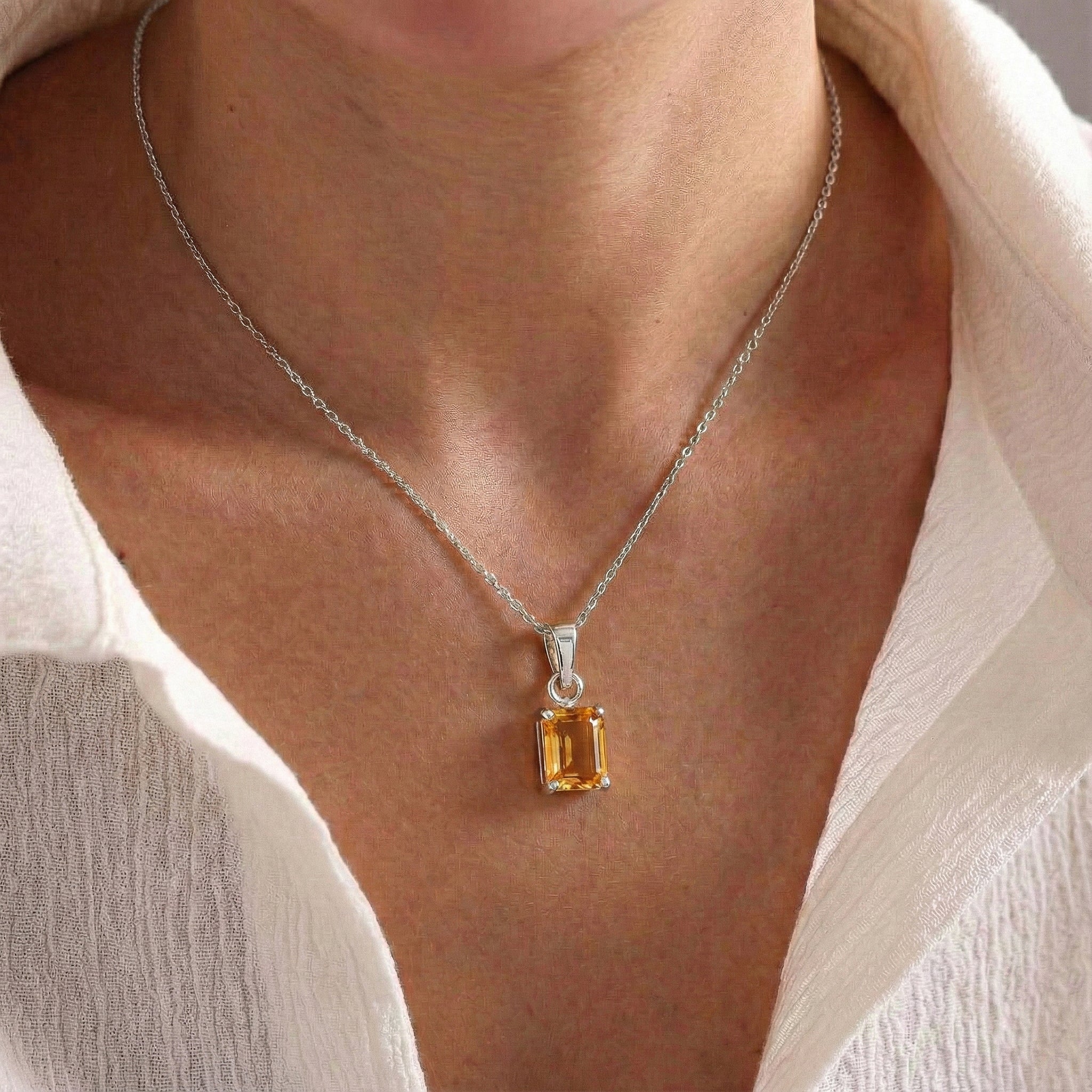 Citrine Octagon Solitaire Pendant Necklace in 925 Sterling Silver 9x7 MM 1.4ct