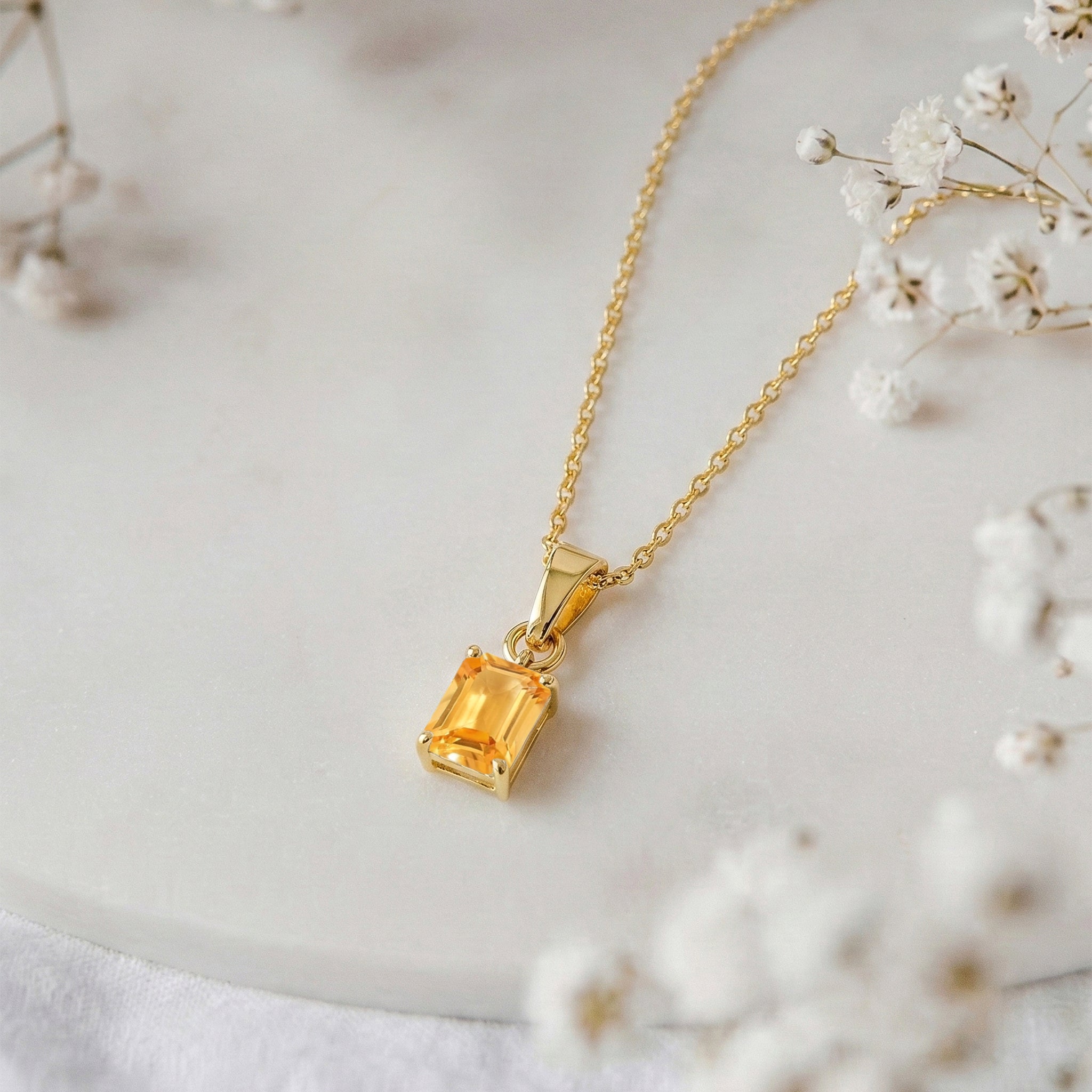 Citrine Octagon Solitaire Pendant Necklace in Yellow Gold Plated 9x7 MM 1.4ct
