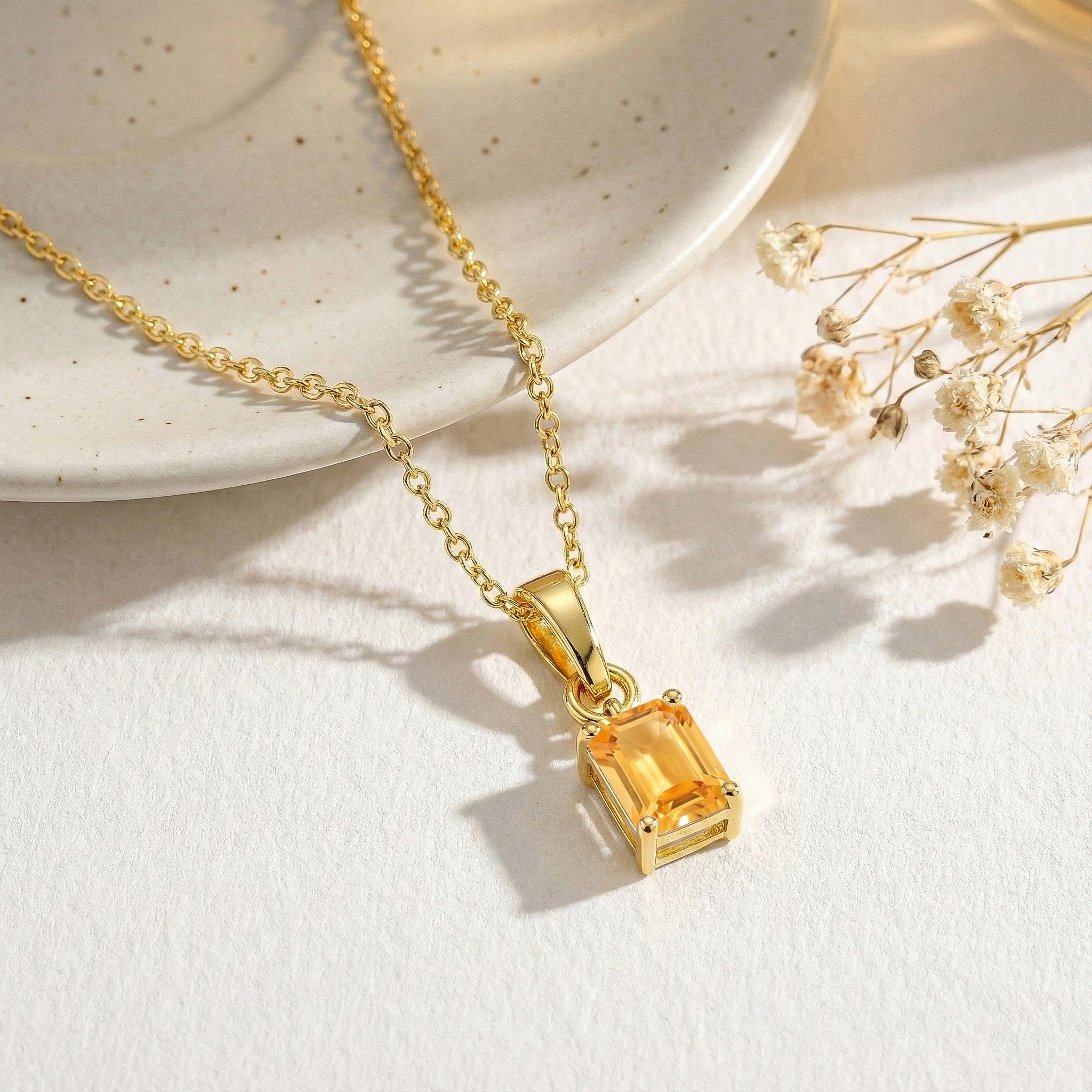 Citrine Octagon Solitaire Pendant Necklace in Yellow Gold Plated 9x7 MM 1.4ct