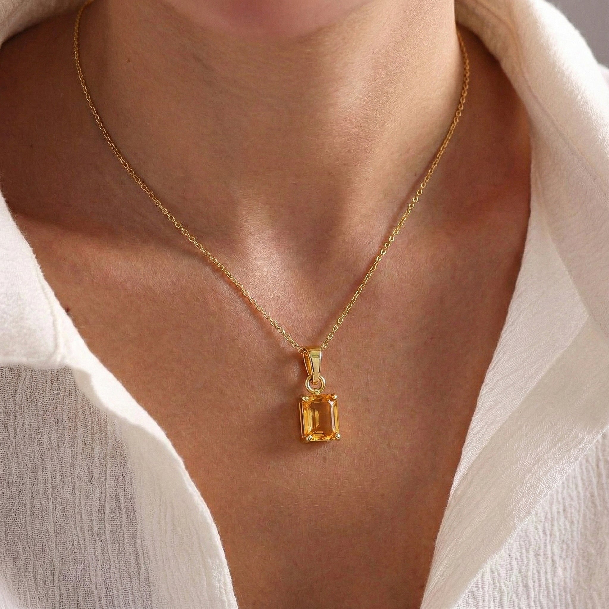 Citrine Octagon Solitaire Pendant Necklace in Yellow Gold Plated 9x7 MM 1.4ct