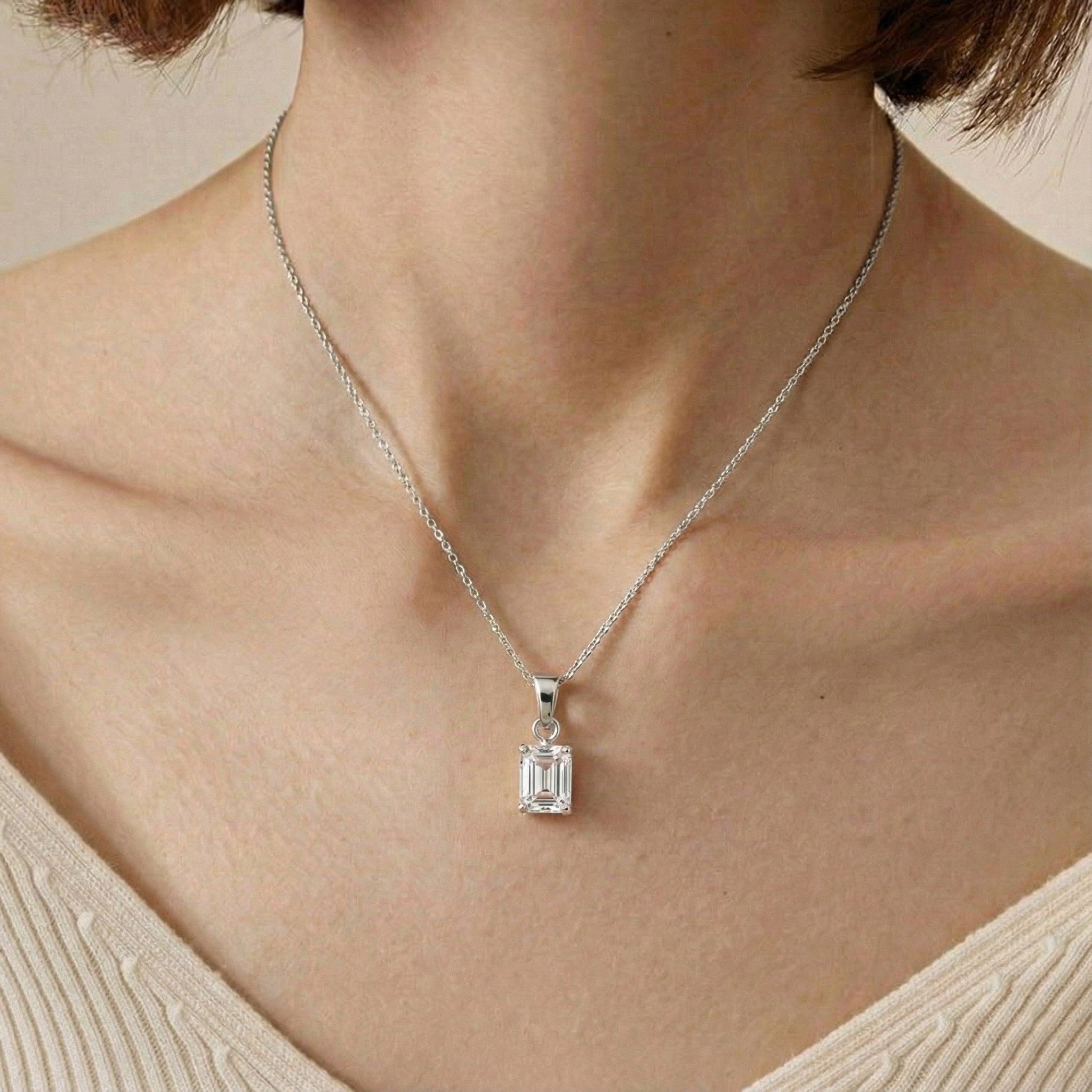 Cubic Zirconia Octagon Solitaire Pendant Necklace in 925 Sterling Silver 9x7 MM 1.4ct