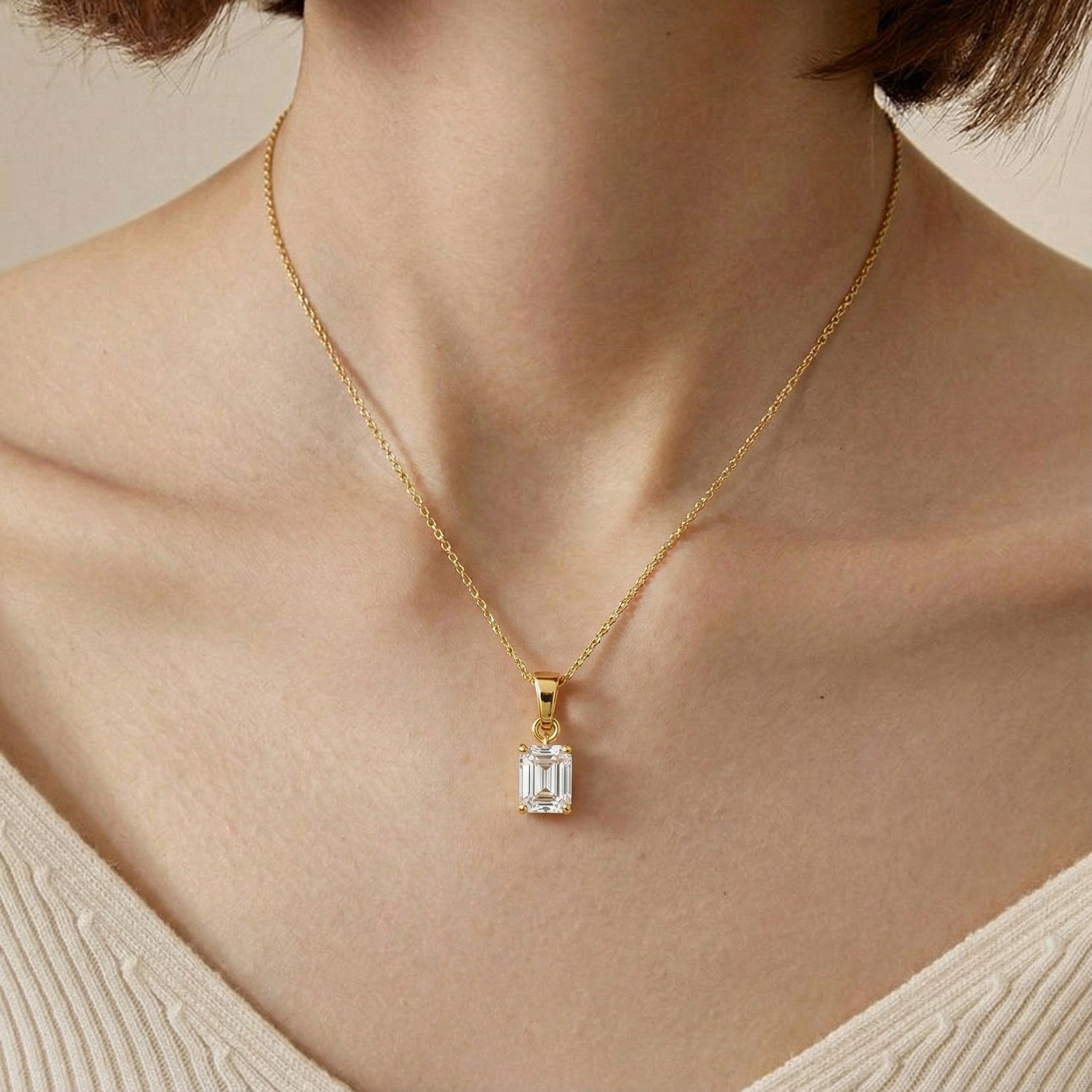 Simulated Diamond Octagon Solitaire Pendant Necklace in Yellow Gold Plated 9x7 MM 1.4ct