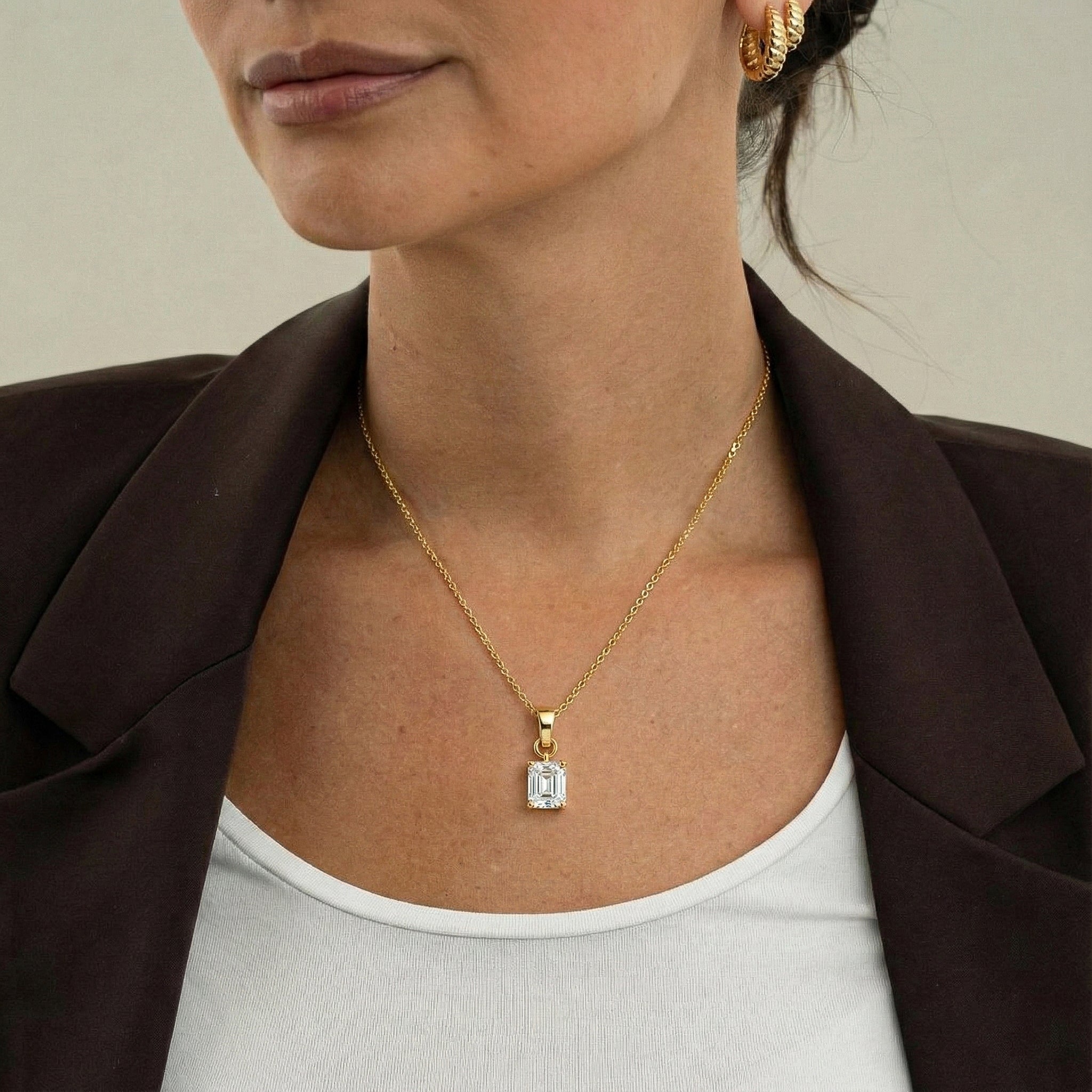 Simulated Diamond Octagon Solitaire Pendant Necklace in Yellow Gold Plated 9x7 MM 1.4ct