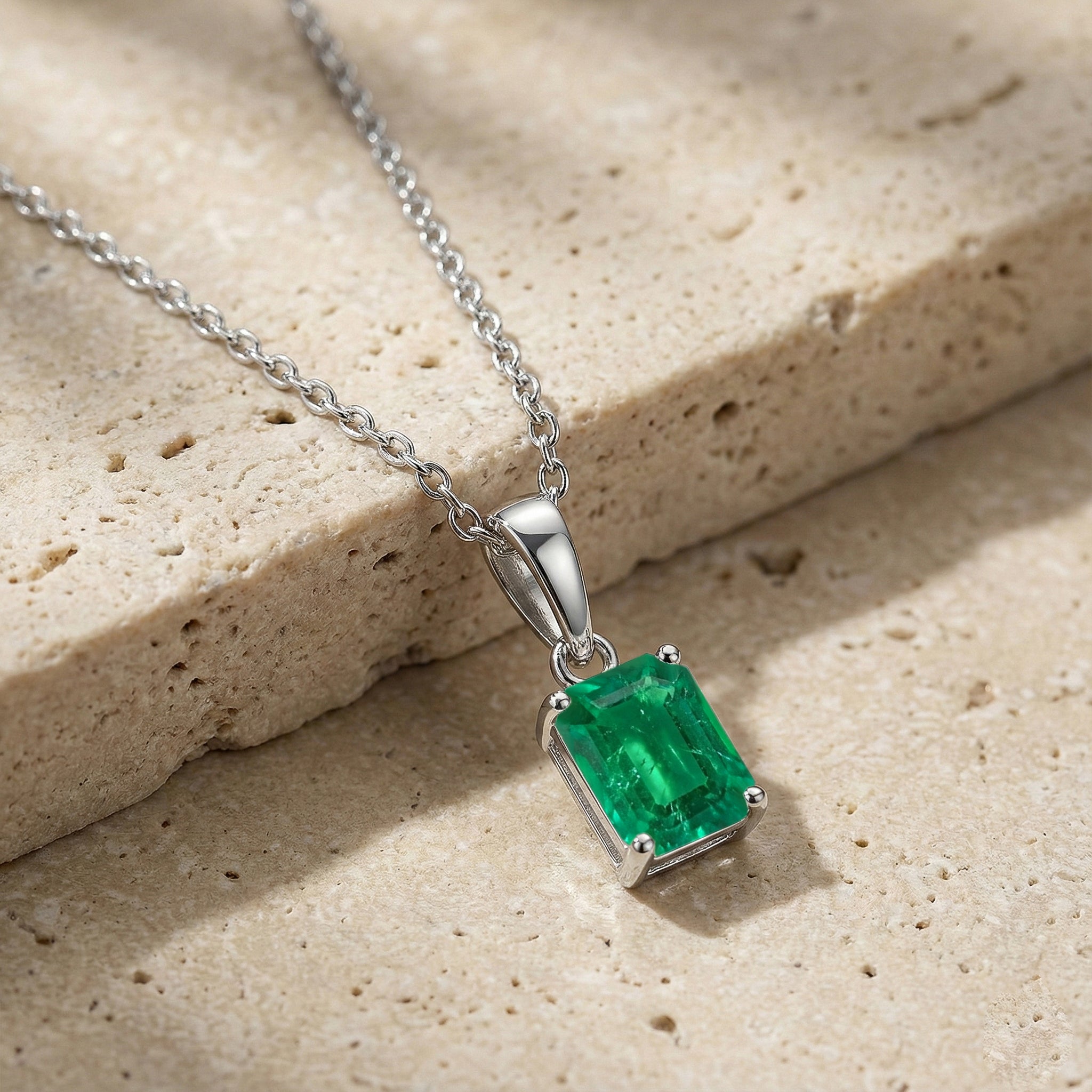 Emerald Octagon Solitaire Pendant Necklace in 925 Sterling Silver 9x7 MM 1.4ct