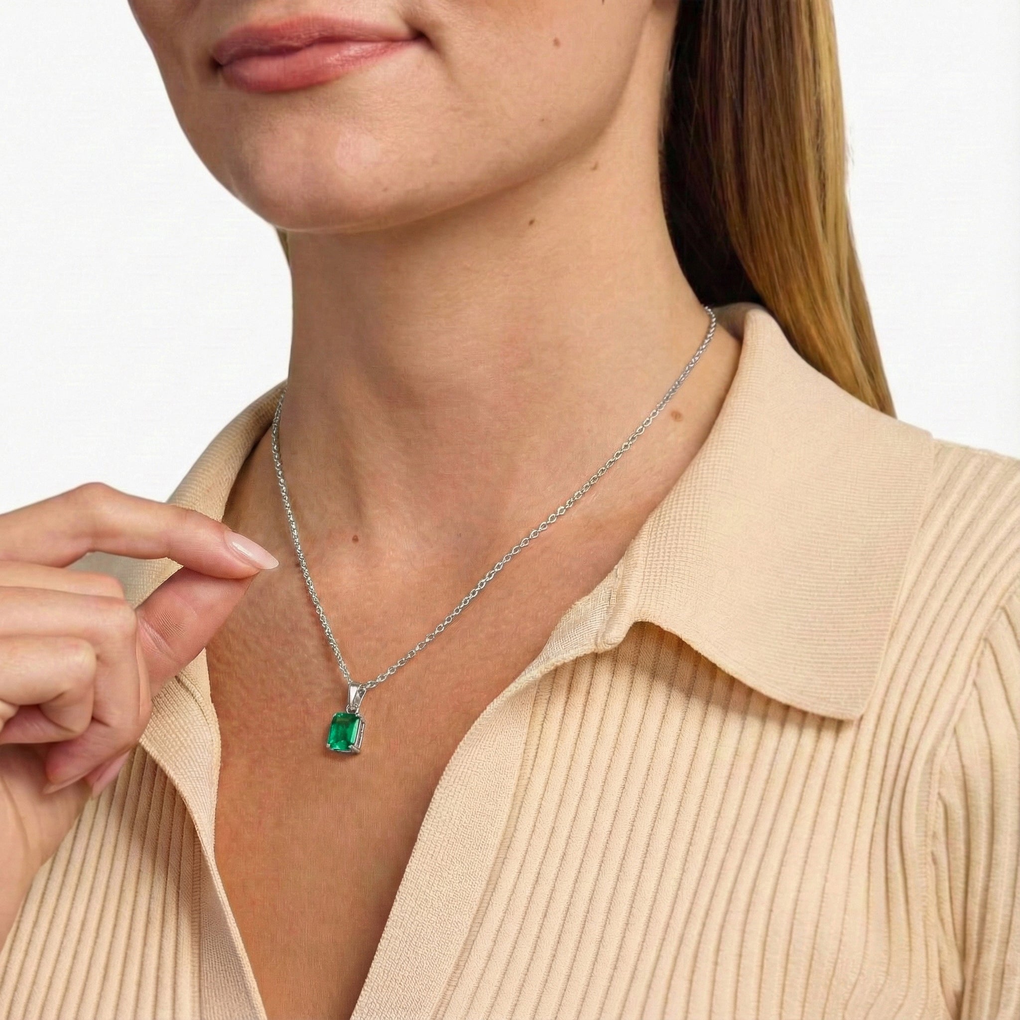 Emerald Octagon Solitaire Pendant Necklace in 925 Sterling Silver 9x7 MM 1.4ct