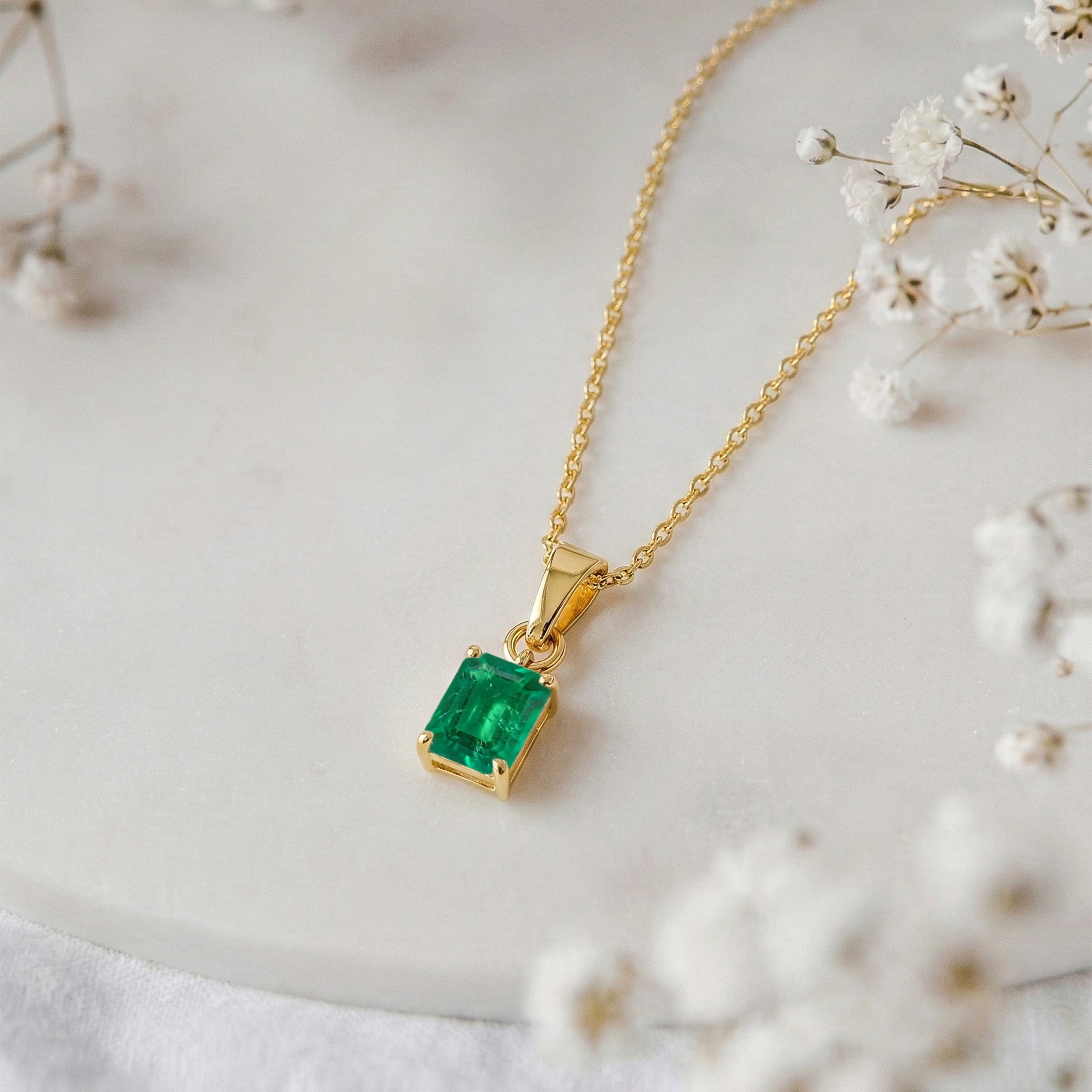 Emerald Octagon Solitaire Pendant Necklace in Yellow Gold Plated 9x7 MM 1.4ct