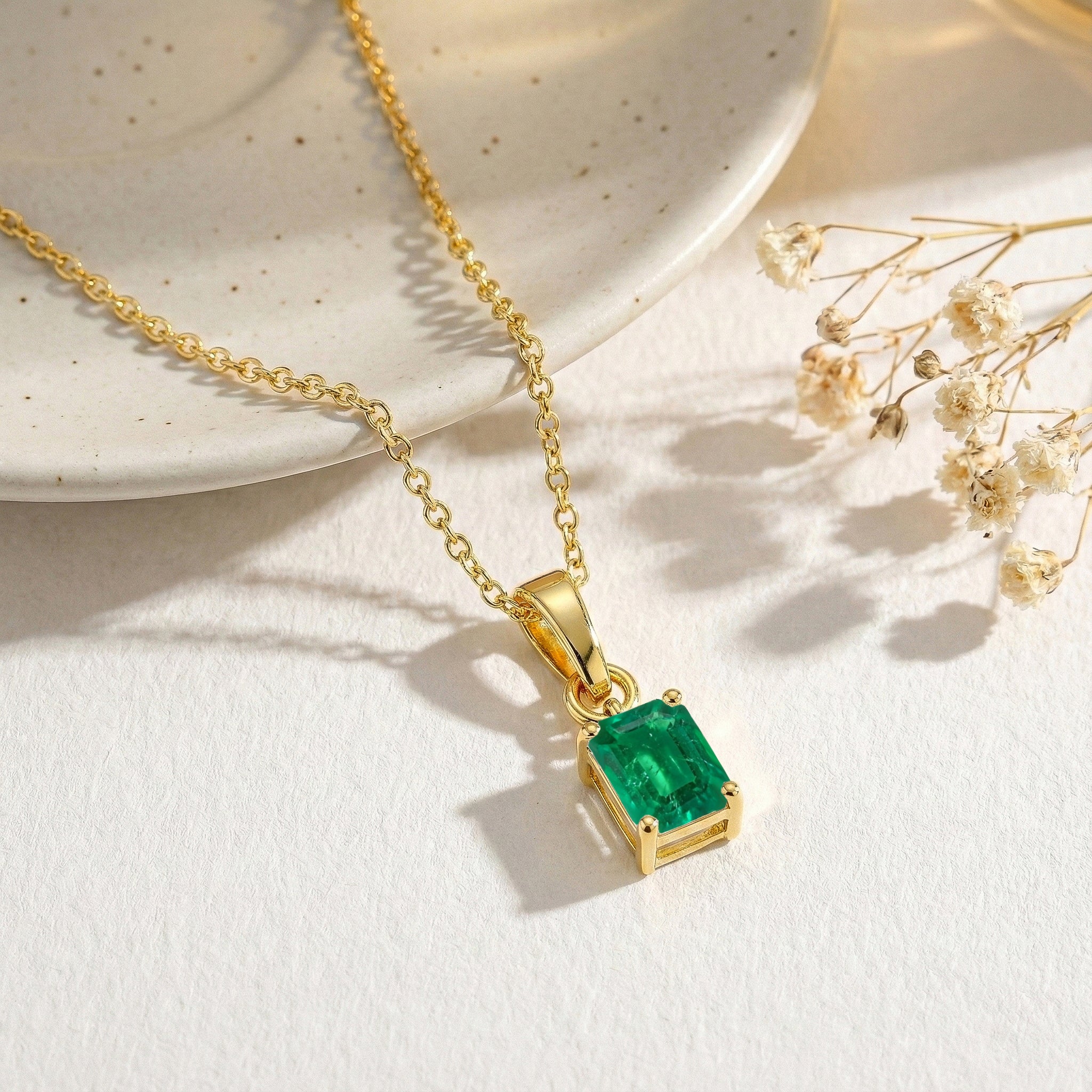 Emerald Octagon Solitaire Pendant Necklace in Yellow Gold Plated 9x7 MM 1.4ct