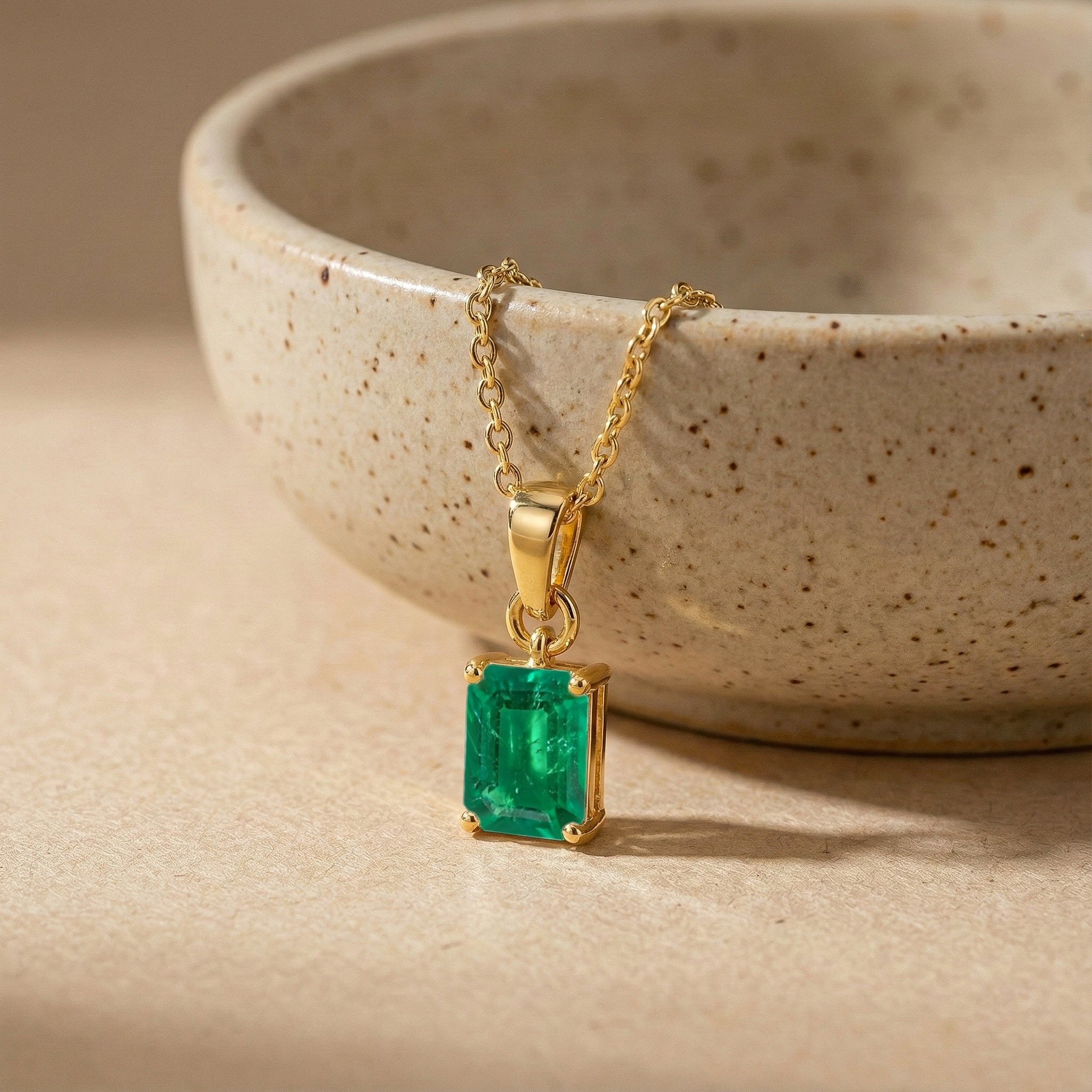 Emerald Octagon Solitaire Pendant Necklace in Yellow Gold Plated 9x7 MM 1.4ct