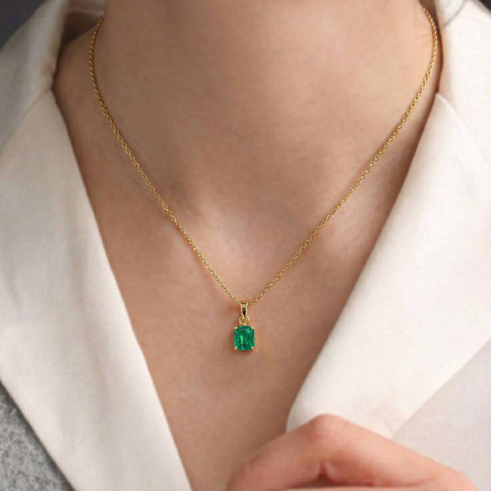 Emerald Octagon Solitaire Pendant Necklace in Yellow Gold Plated 9x7 MM 1.4ct