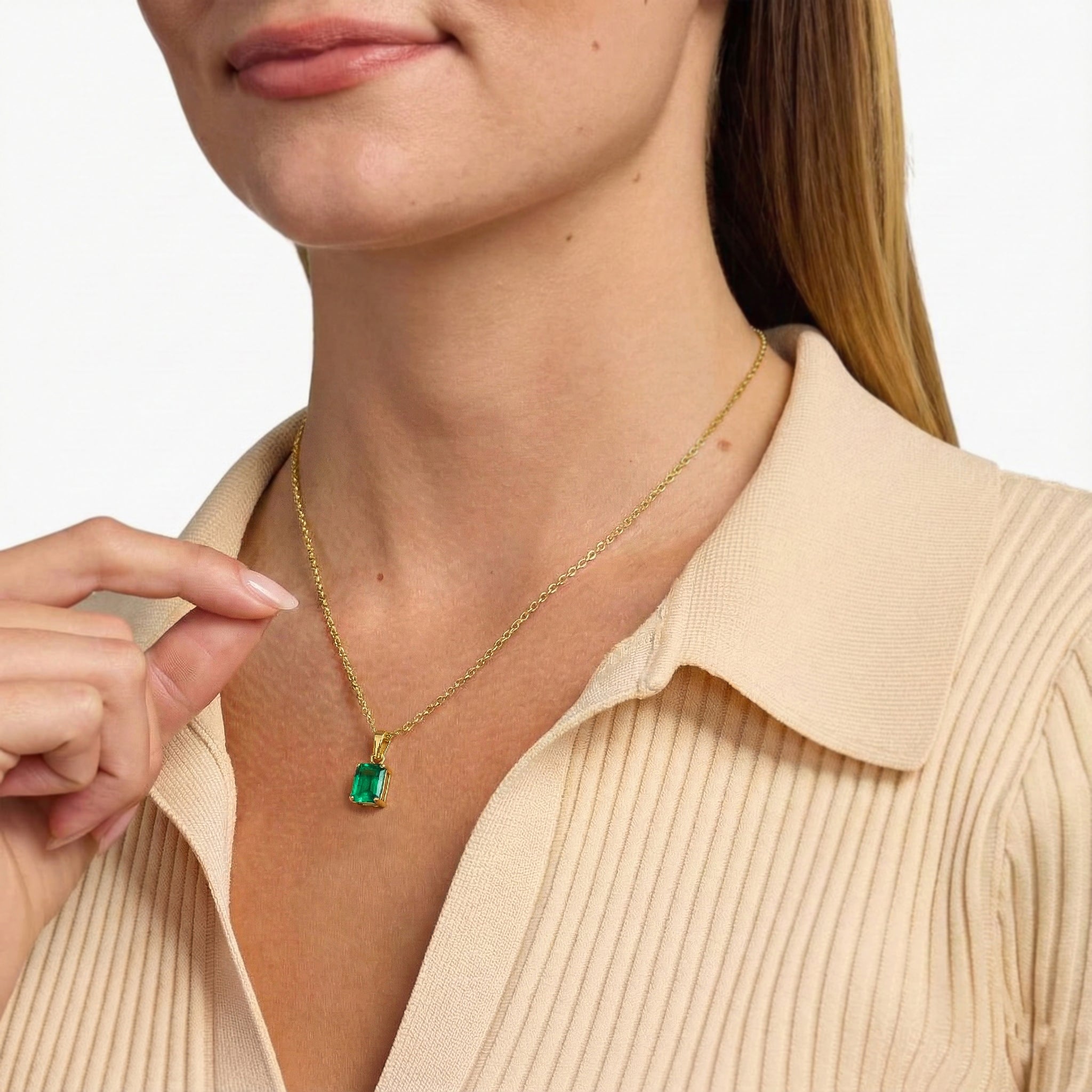 Emerald Octagon Solitaire Pendant Necklace in Yellow Gold Plated 9x7 MM 1.4ct