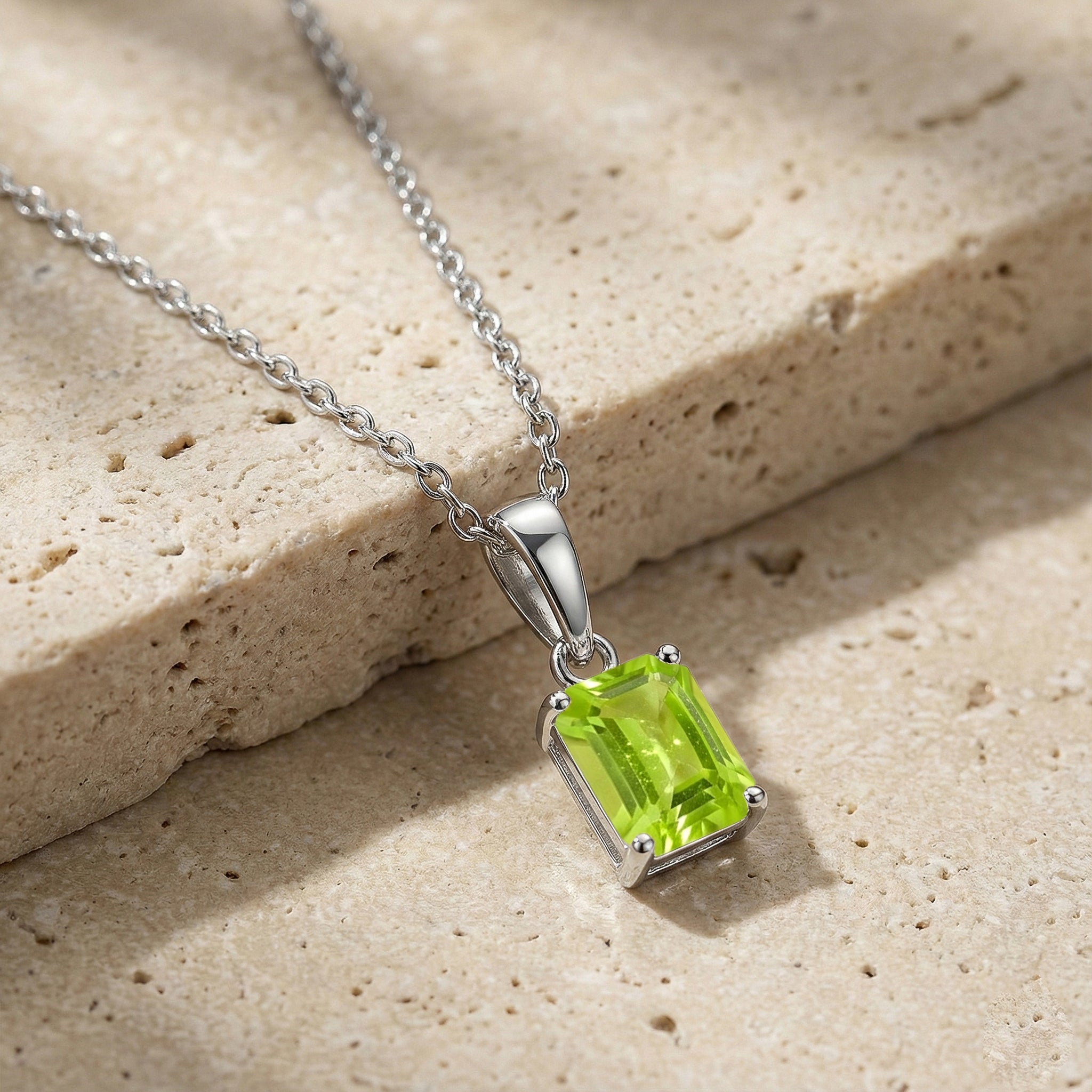 Peridot Octagon Solitaire Pendant Necklace in 925 Sterling Silver 9x7 MM 1.4ct
