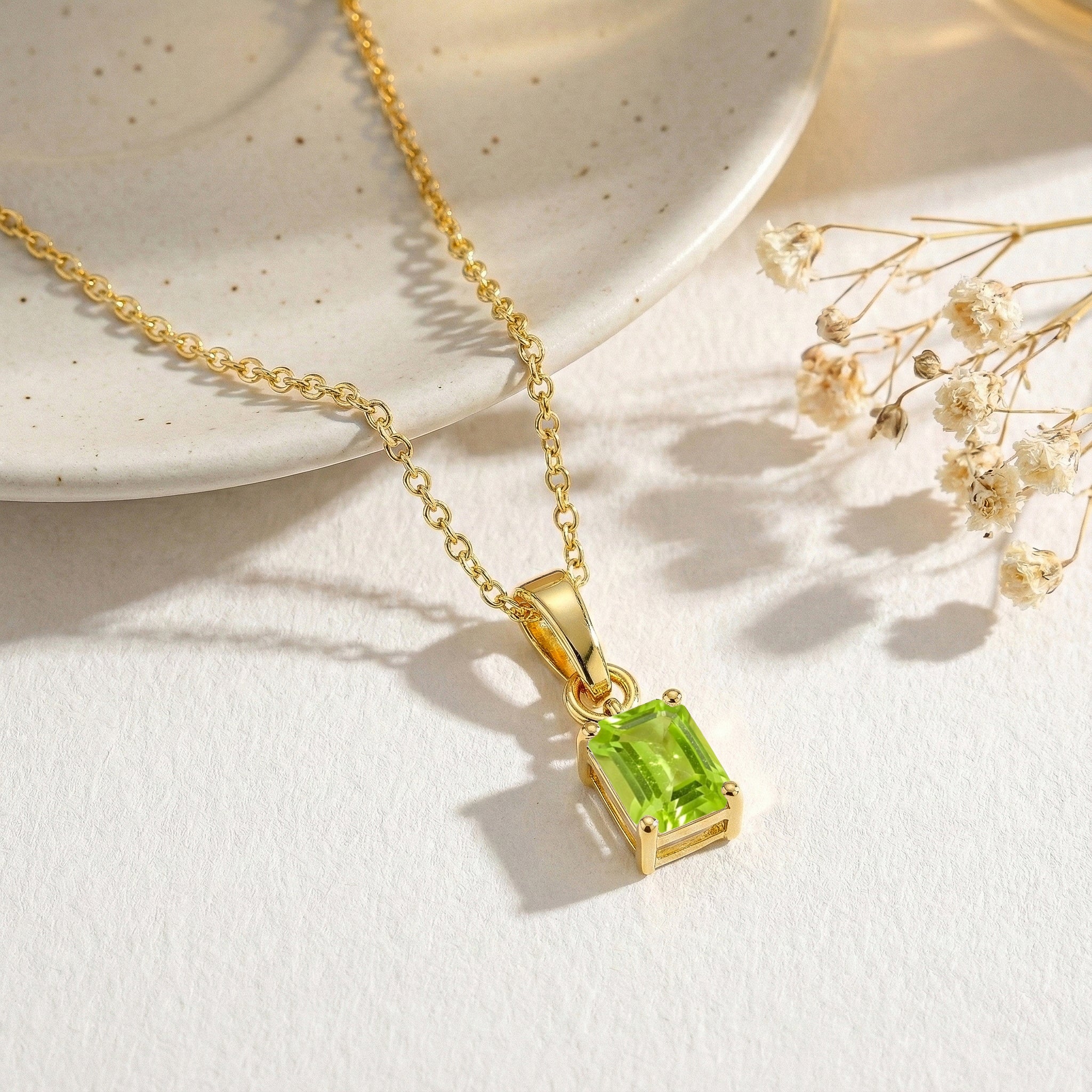 Peridot Octagon Solitaire Pendant Necklace in Yellow Gold Plated 9x7 MM 1.4ct