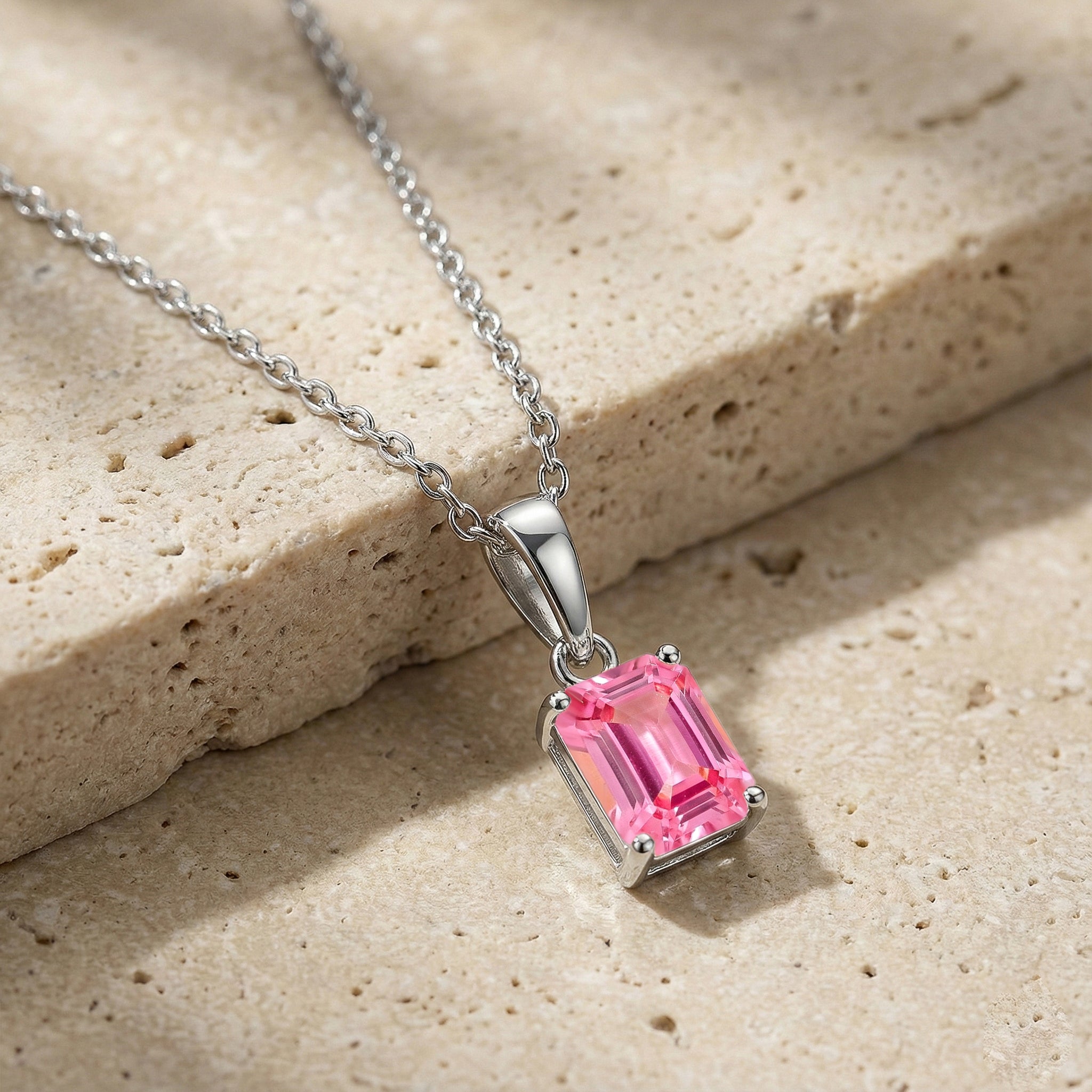 Pink Tourmaline Octagon Solitaire Pendant Necklace in 925 Sterling Silver 9x7 MM 1.4ct