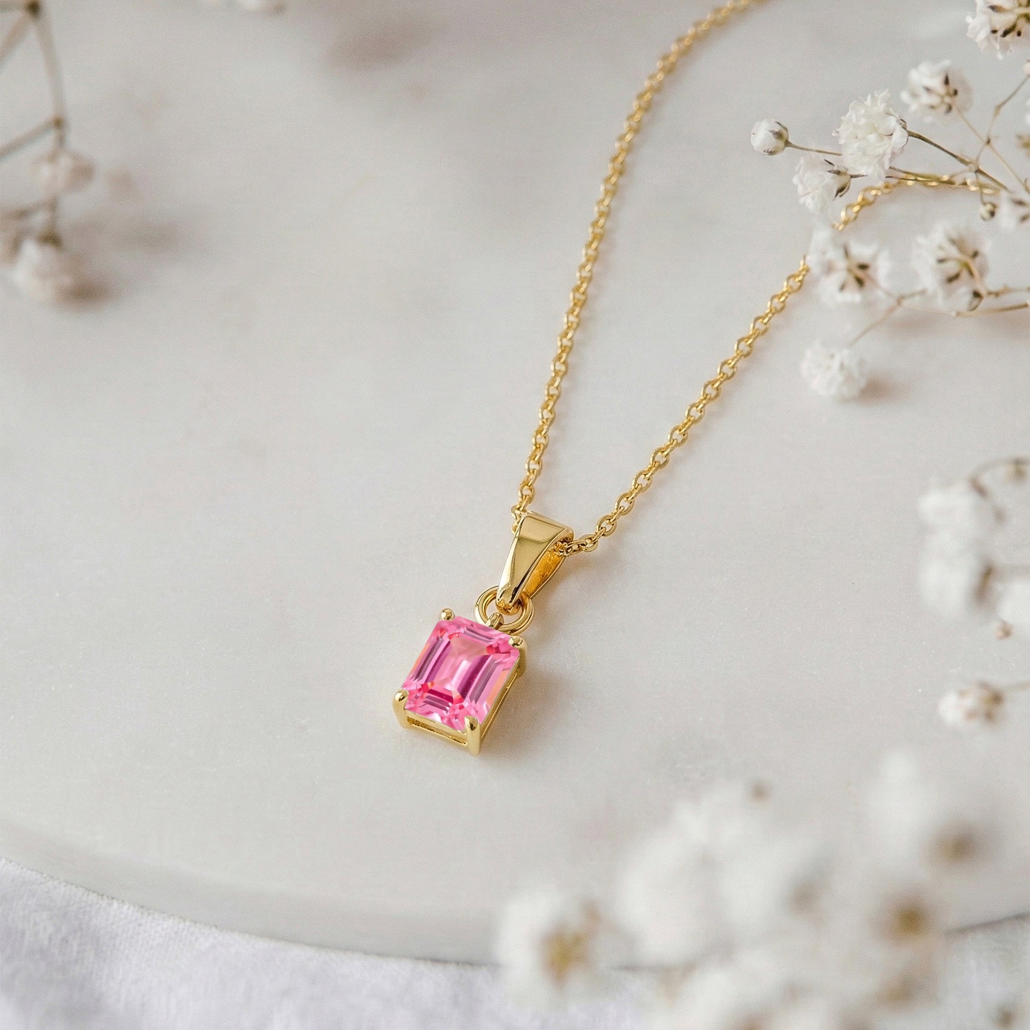 Pink Tourmaline Octagon Solitaire Pendant Necklace in Yellow Gold Plated 9x7 MM 1.4ct