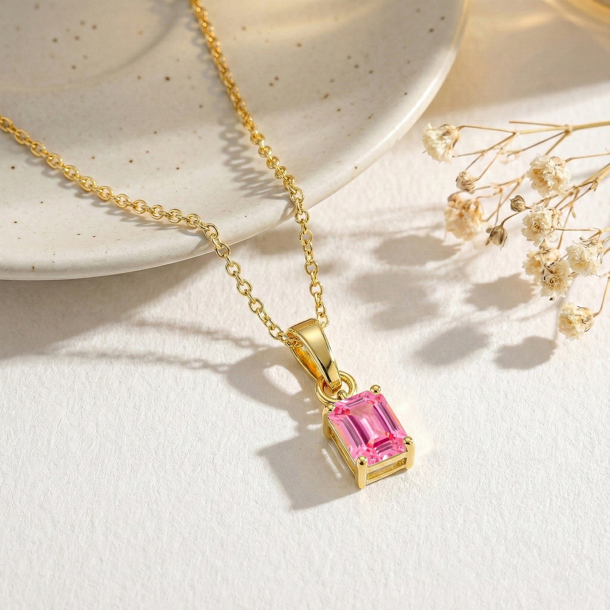 Pink Tourmaline Octagon Solitaire Pendant Necklace in Yellow Gold Plated 9x7 MM 1.4ct