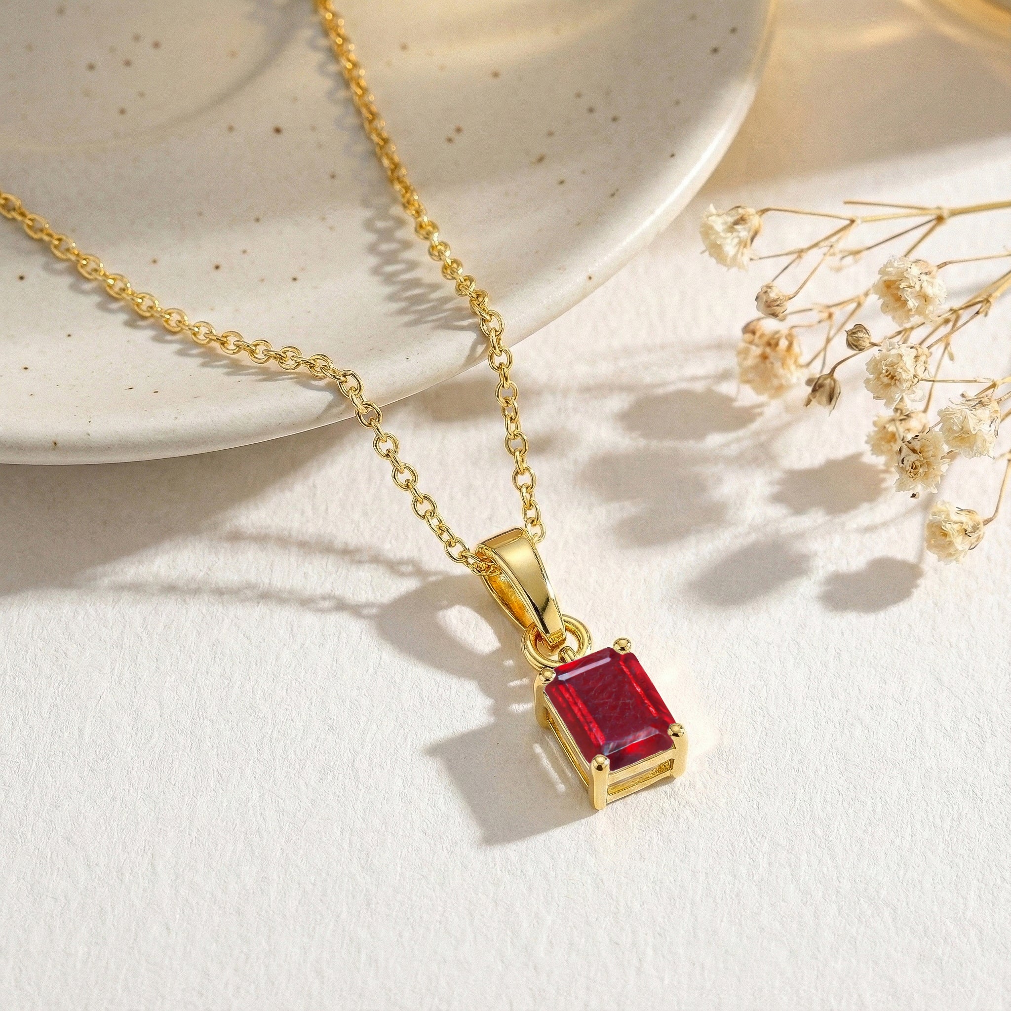 Ruby Octagon Solitaire Pendant Necklace in Yellow Gold Plated 9x7 MM 1.4ct