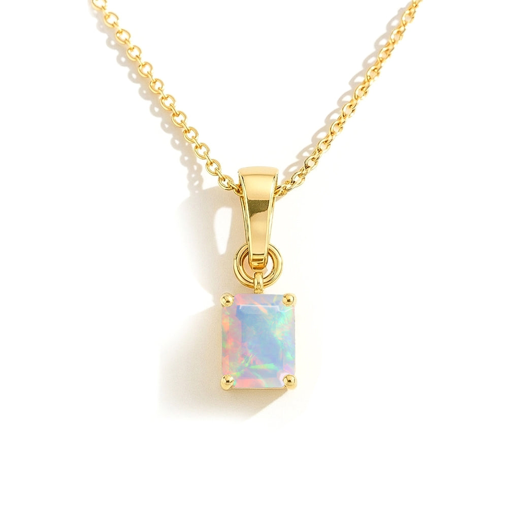 White Opal Octagon Solitaire Pendant Necklace in Yellow Gold Plated 9x7 MM 1.4ct