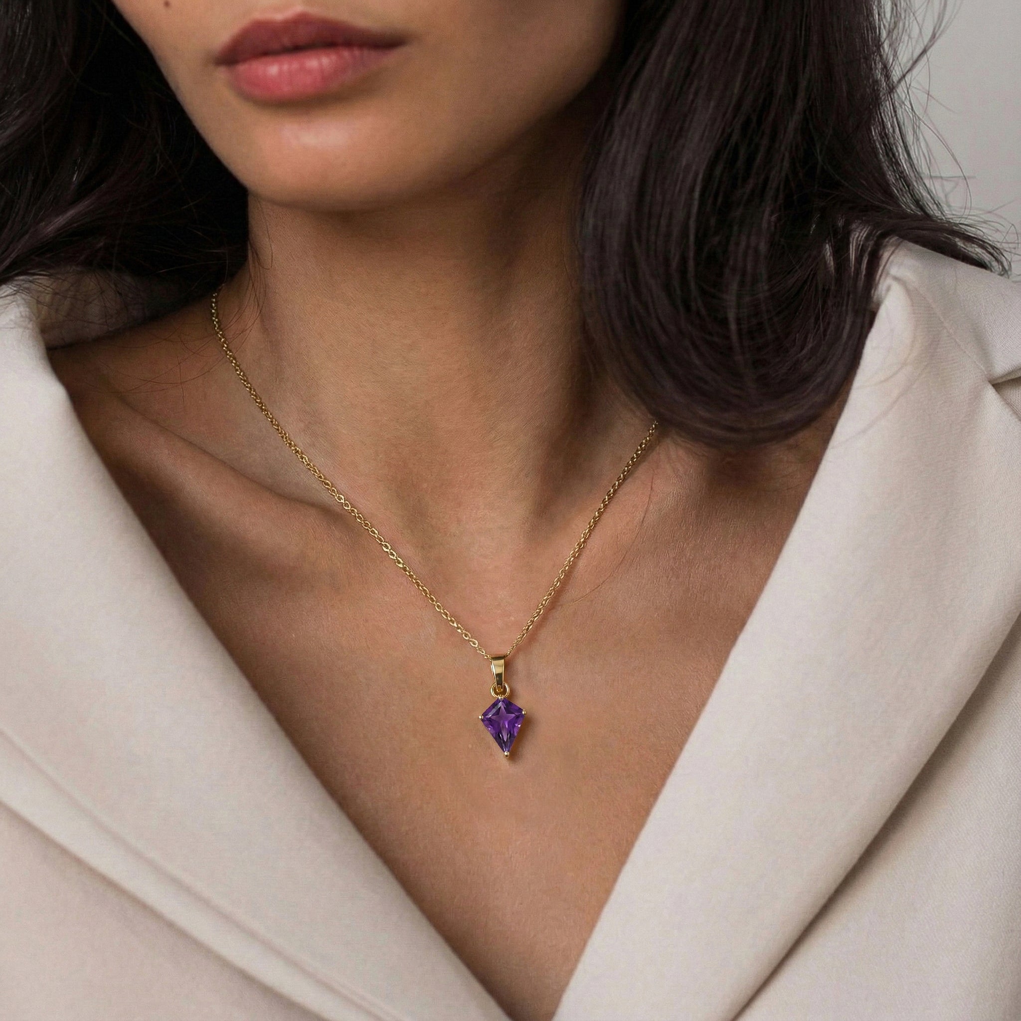 Amethyst Kite Solitaire Pendant Necklace in Yellow Gold Plated 1.4ct