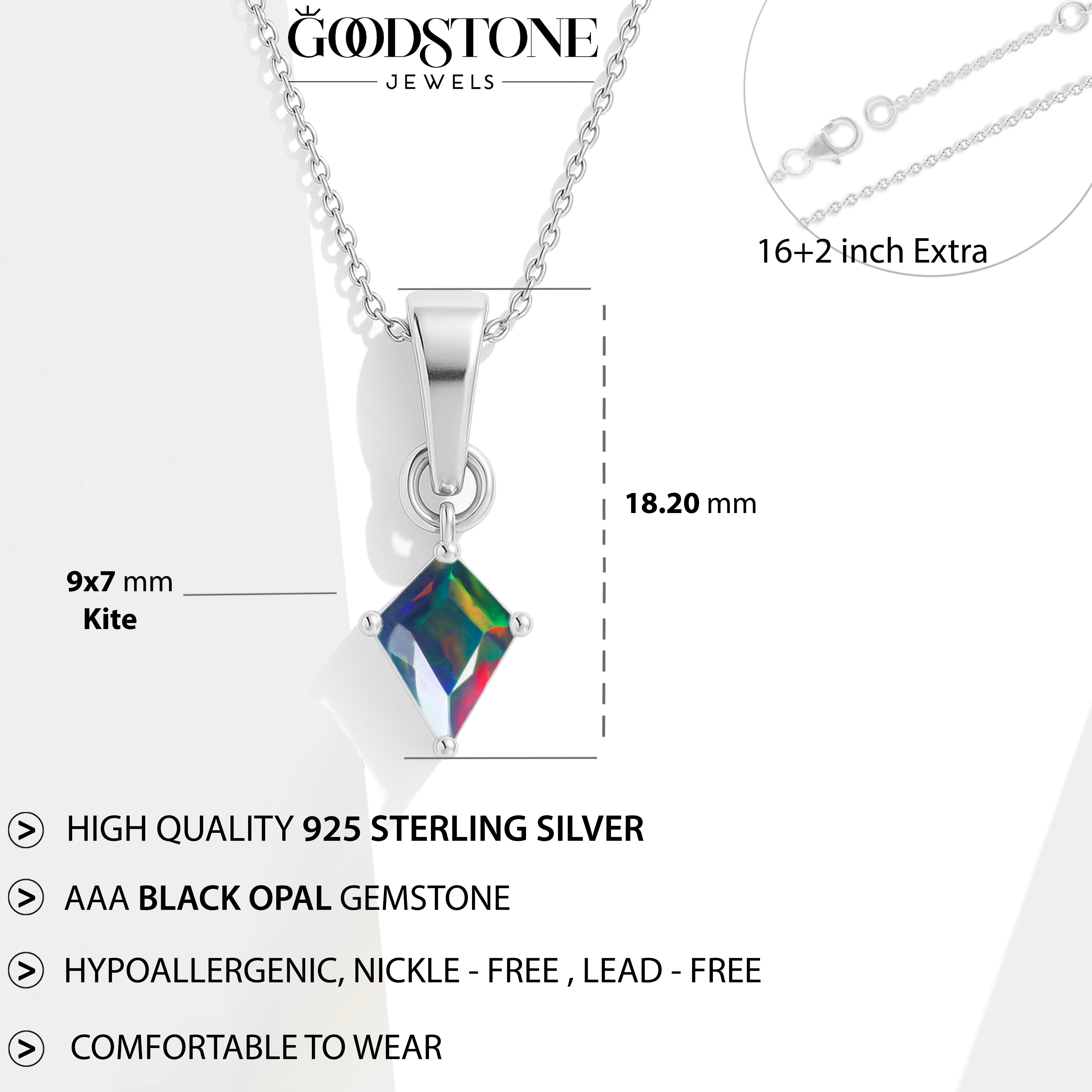 Black Opal Kite Pendant Necklace in 925 Sterling Silver 7x9mm Stone 1.20ct