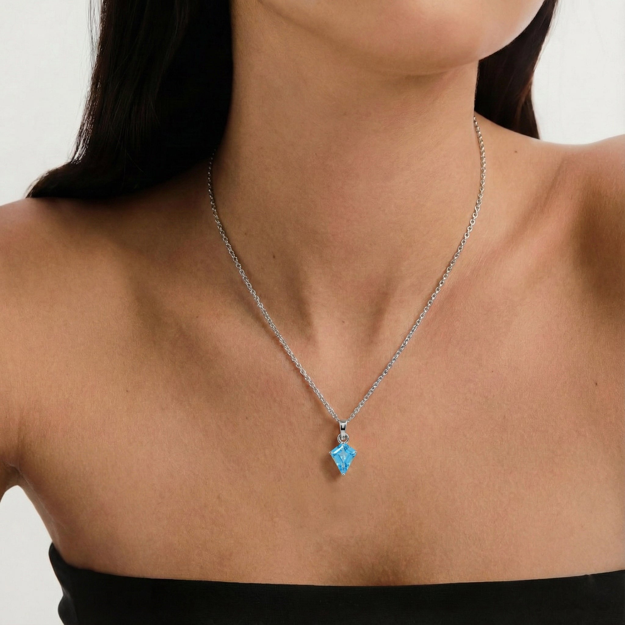 Natural Blue Topaz Kite Solitaire Pendant Necklace in 925 Sterling Silver 1.4ct