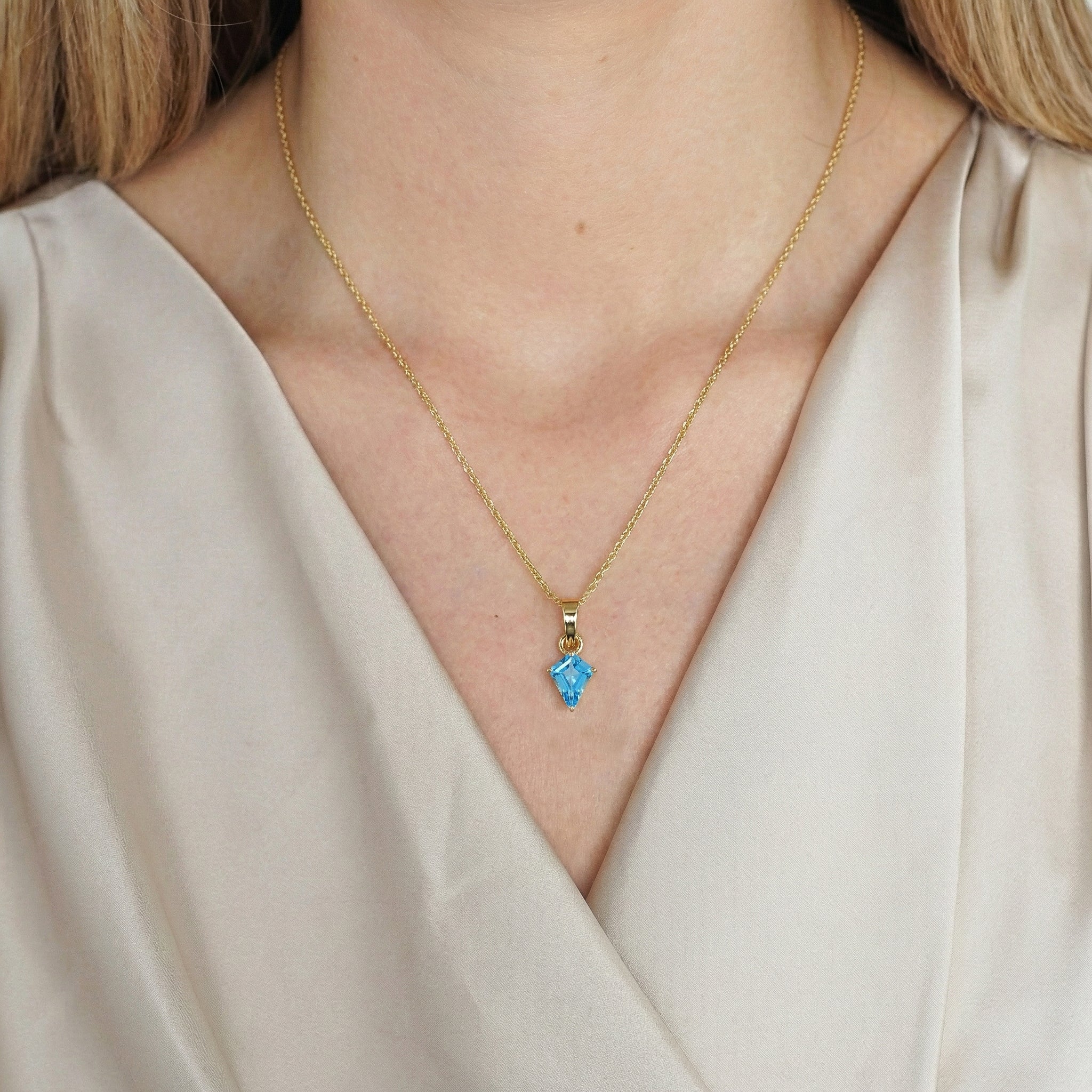 Blue Topaz Kite Solitaire Pendant Necklace in Yellow Gold Plated 1.4ct