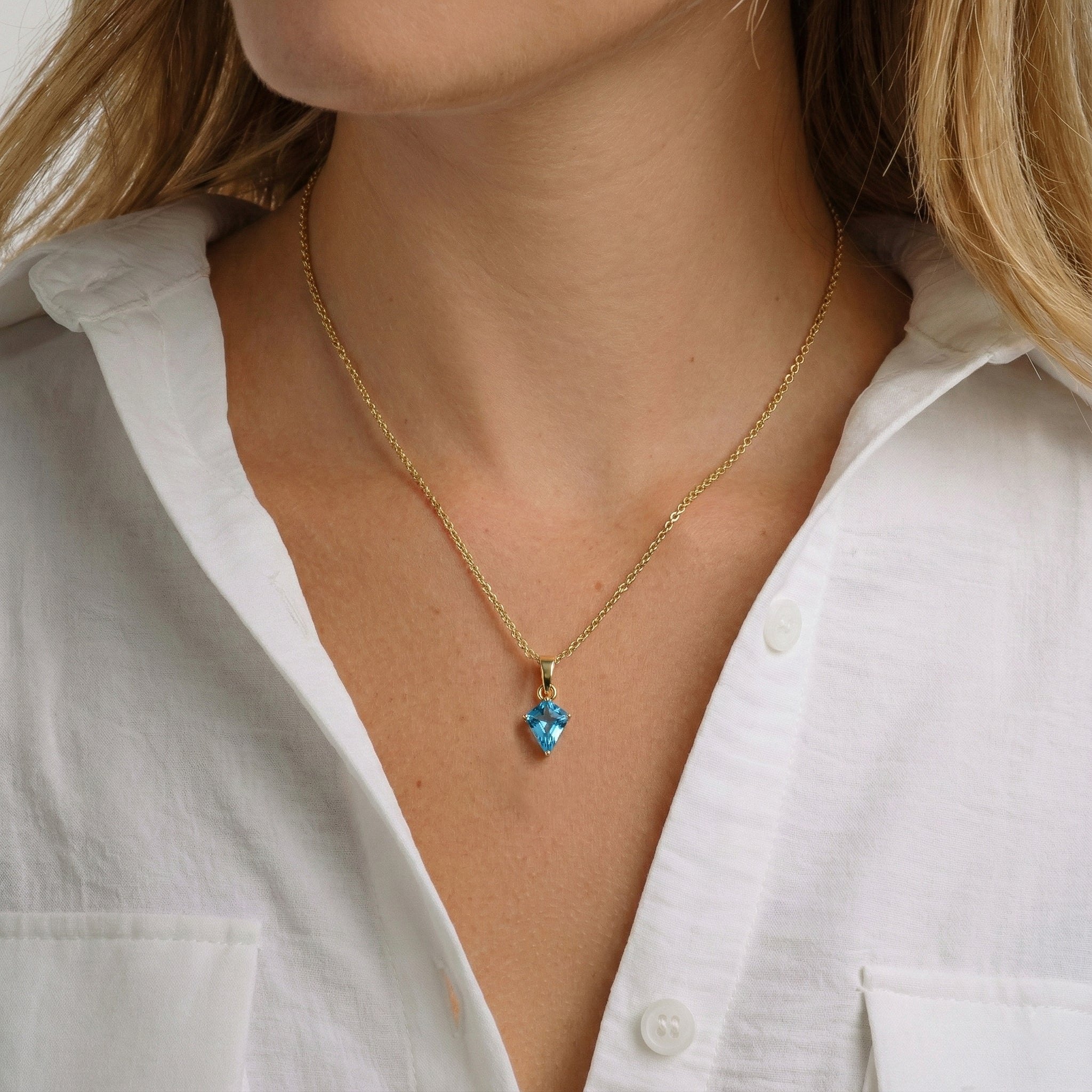 Blue Topaz Kite Solitaire Pendant Necklace in Yellow Gold Plated 1.4ct