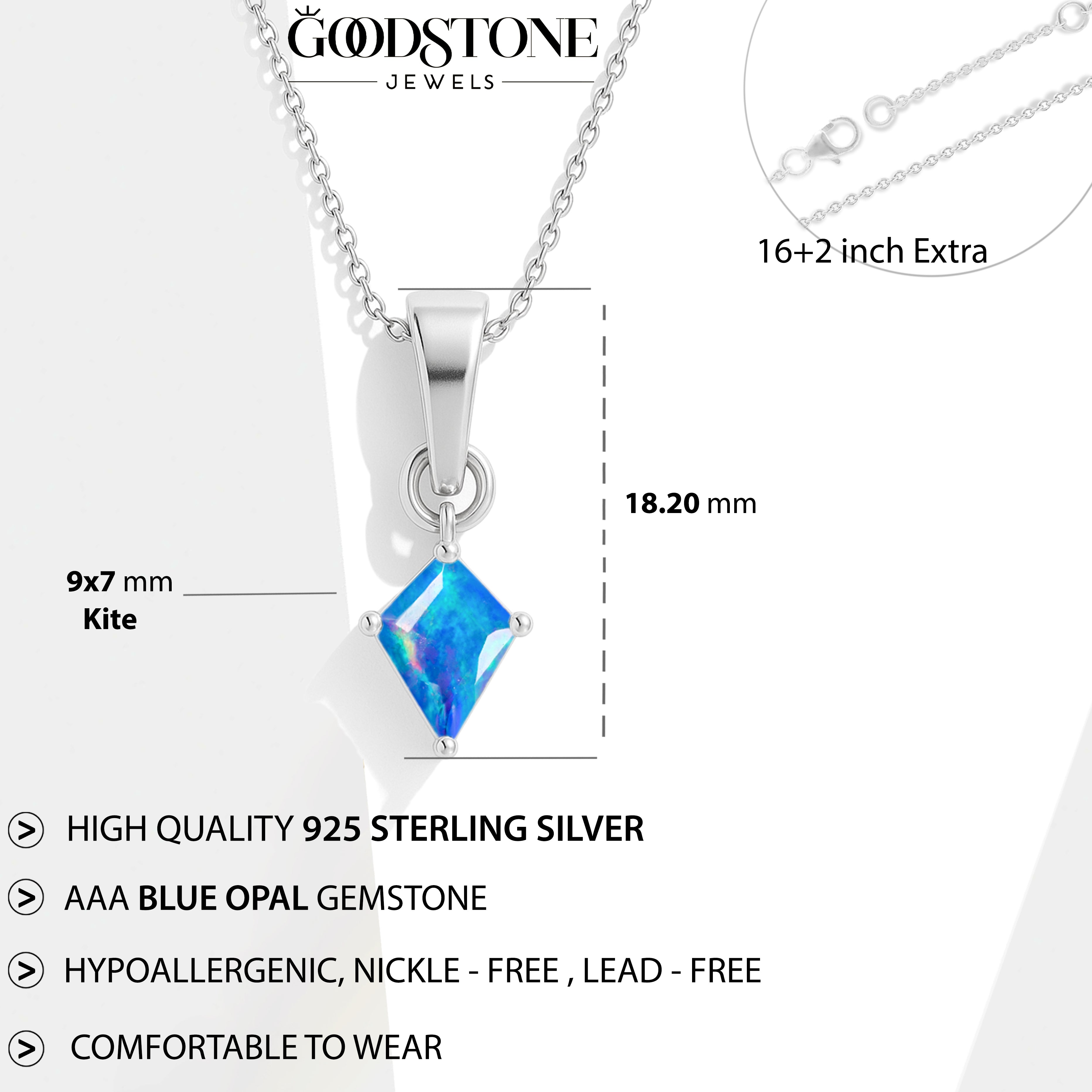 Blue Opal Kite Pendant Necklace in 925 Sterling Silver 7x9mm Stone 1.20ct