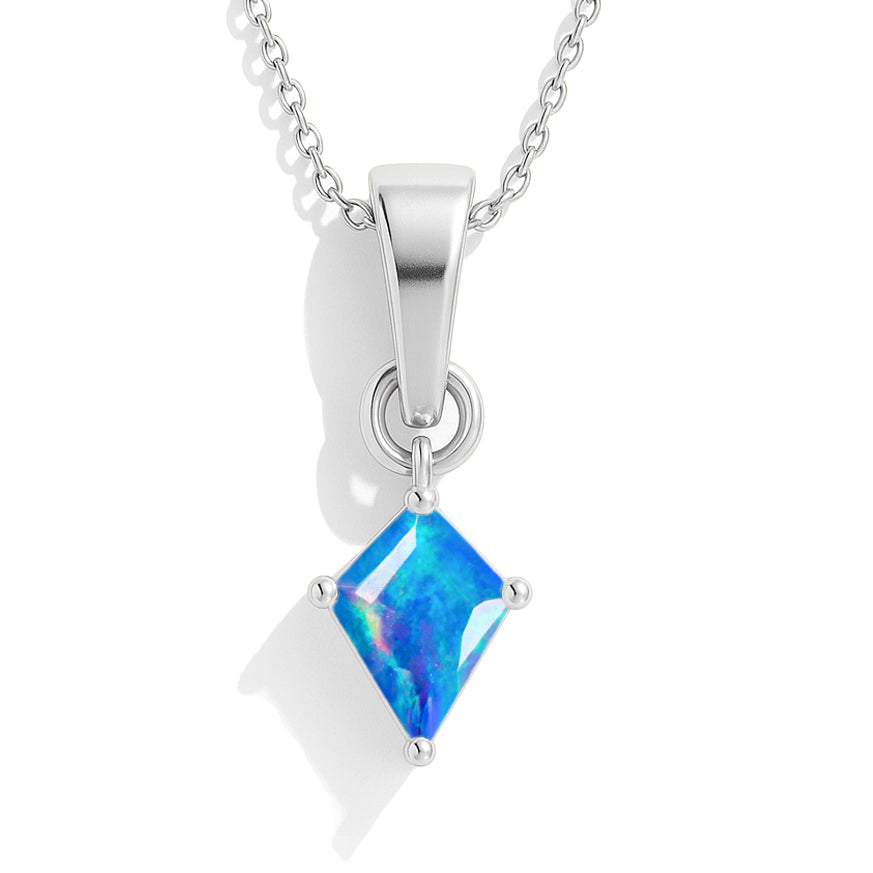 Blue Opal Kite Solitaire Pendant Necklace in 925 Sterling Silver 7x9mm Stone 1.20ct