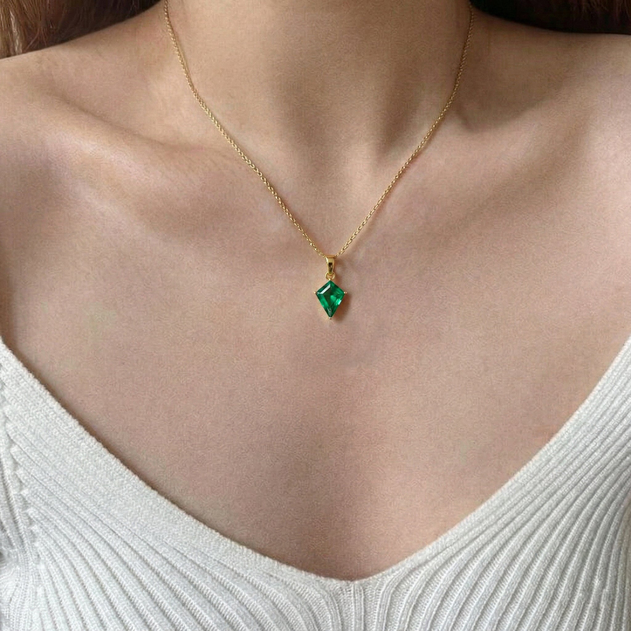 Emerald Kite Solitaire Pendant Necklace in Yellow Gold Plated 1.4ct