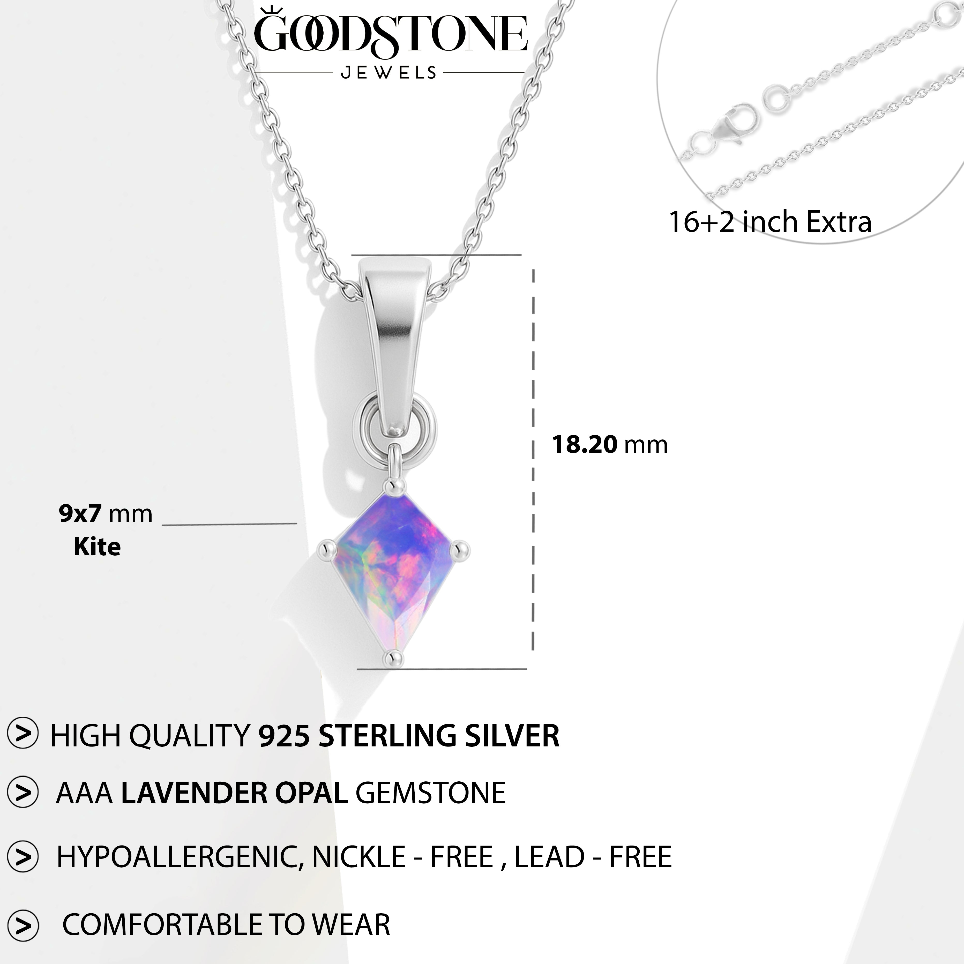 Lavender Opal Kite Pendant Necklace in 925 Sterling Silver 7x9mm Stone 1.20ct