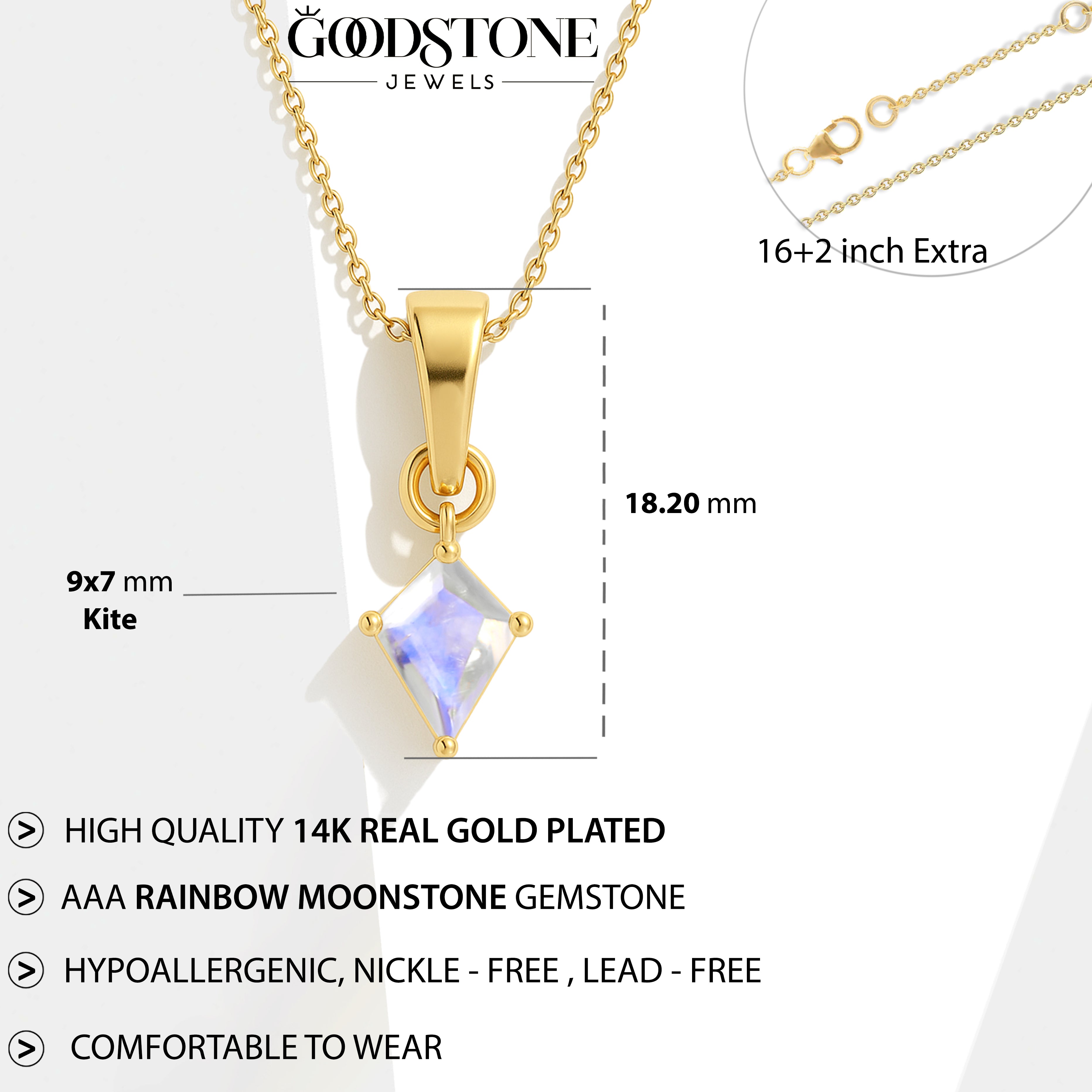 Moonstone Kite Pendant Necklace in 925 Sterling Silver 7x9mm Stone 1.40ct