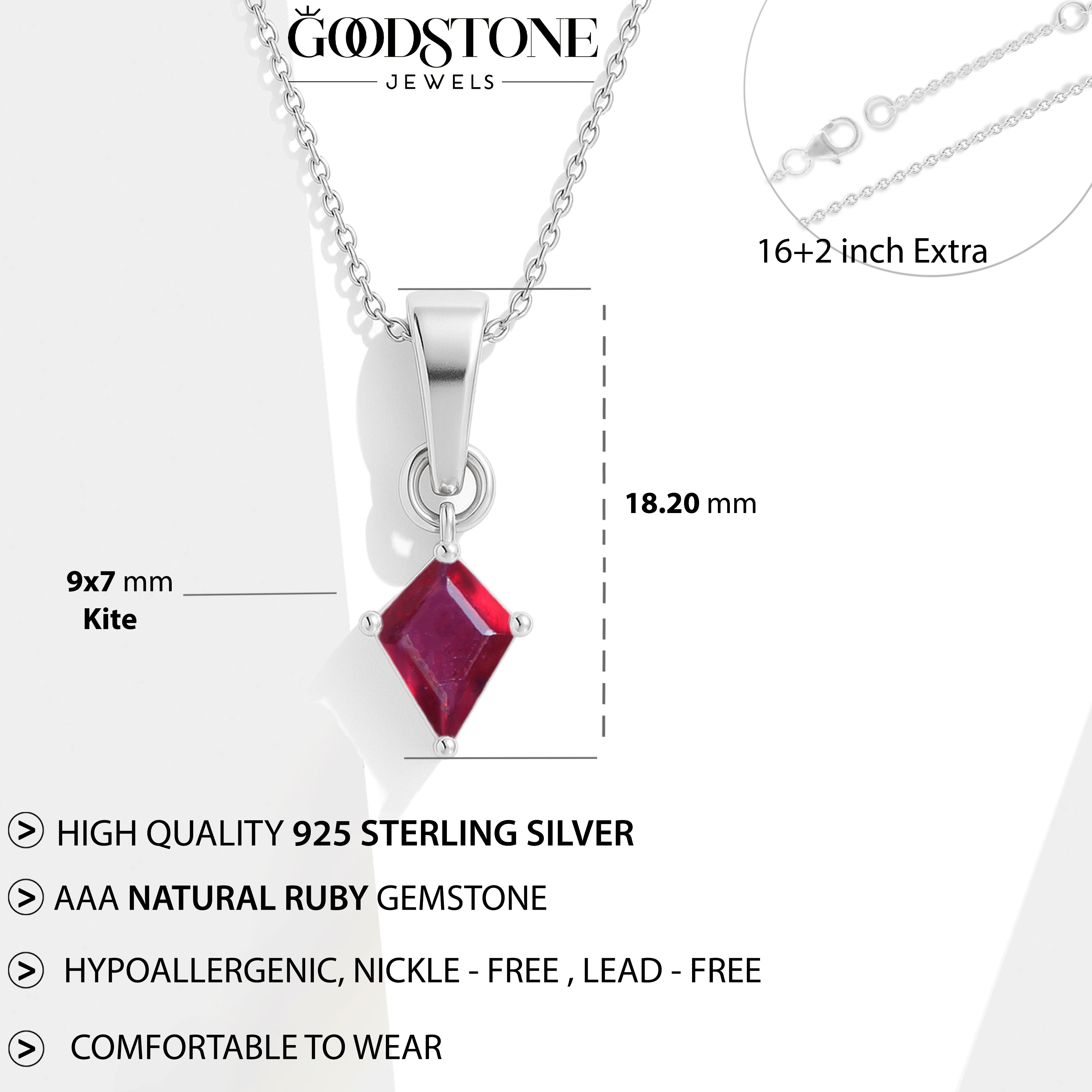 Ruby Kite Pendant Necklace in 925 Sterling Silver 7x9mm Stone 1.40ct
