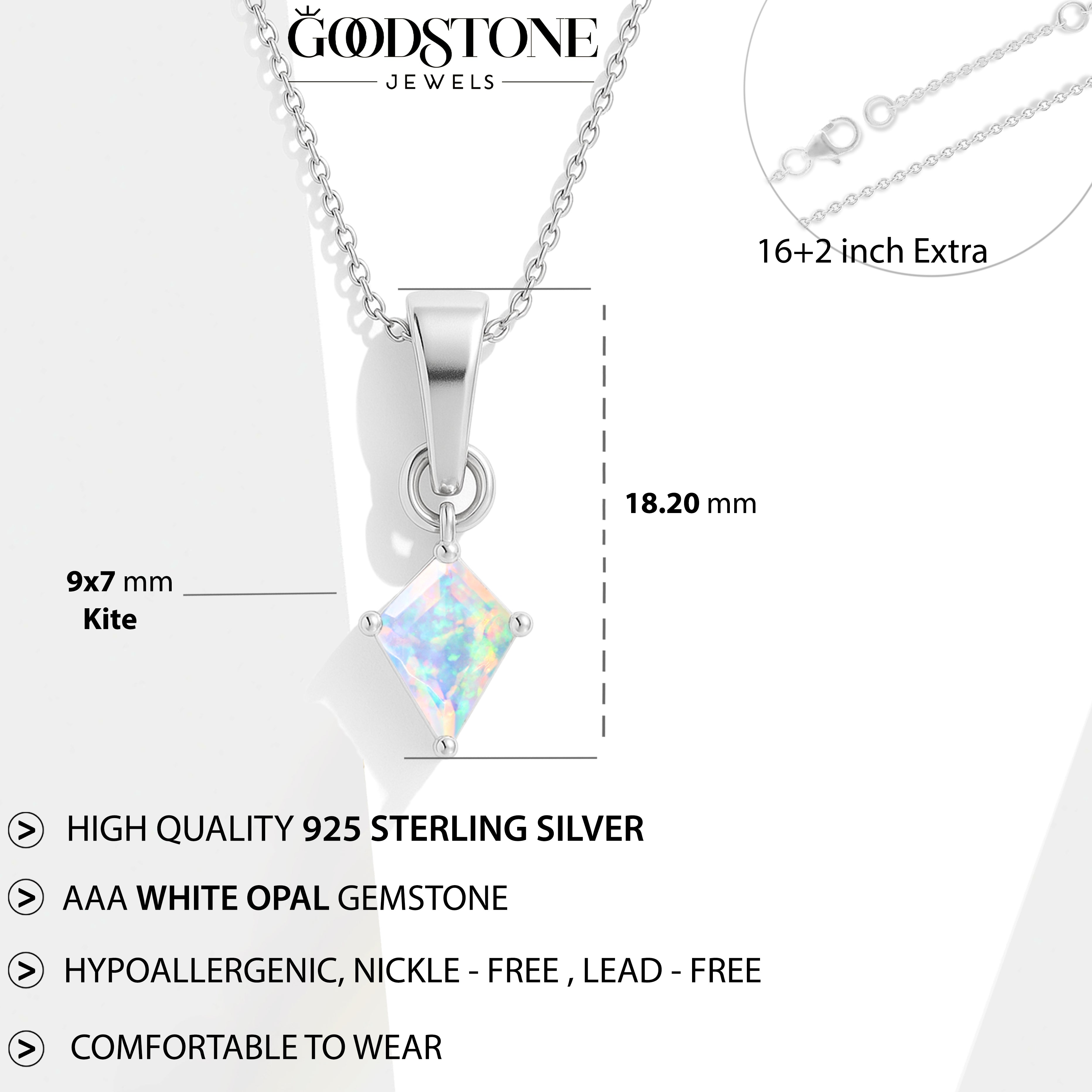 White Opal Kite Pendant Necklace in 925 Sterling Silver 7x9mm Stone 1.20ct