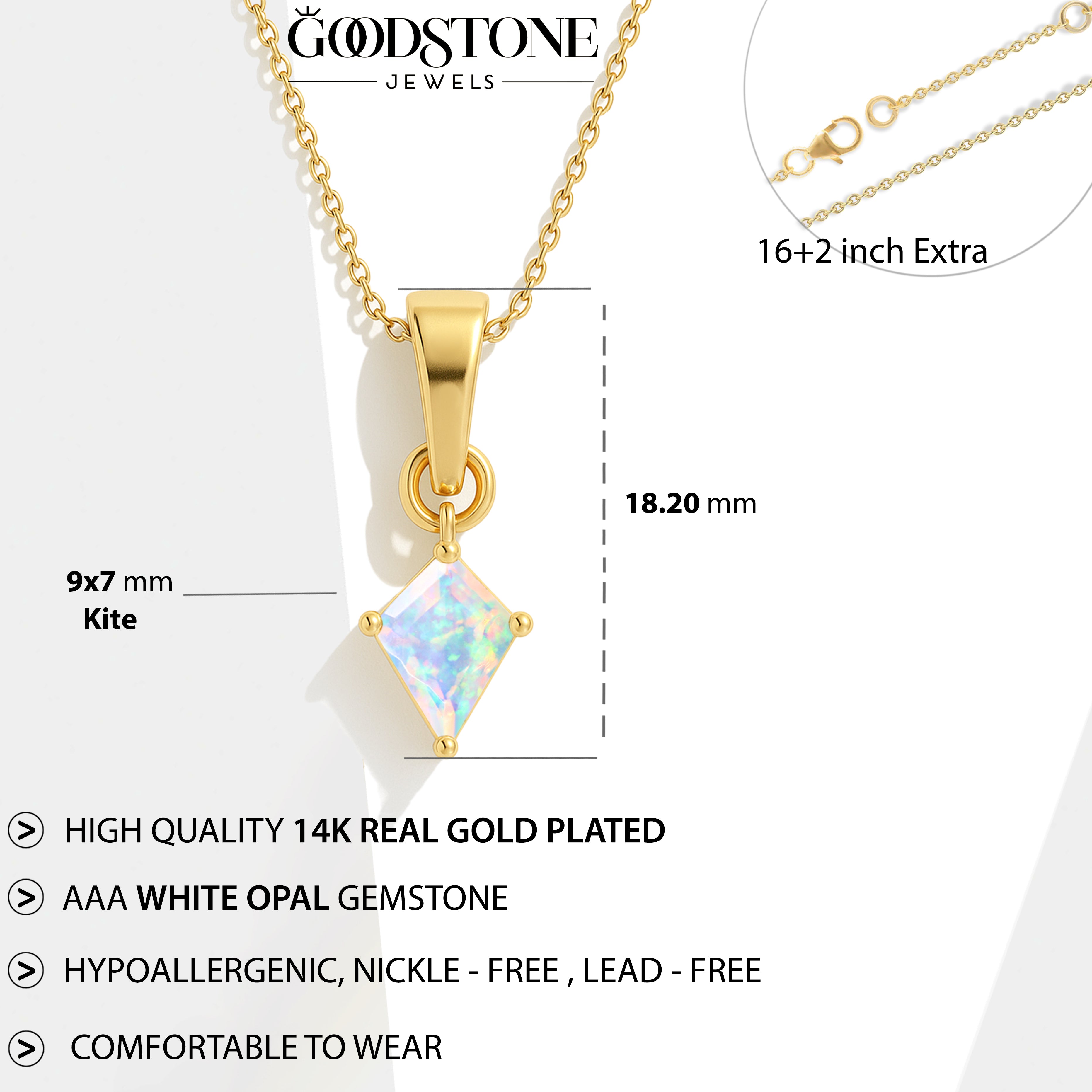 White Opal Kite Pendant Necklace in 925 Sterling Silver 7x9mm Stone 1.20ct