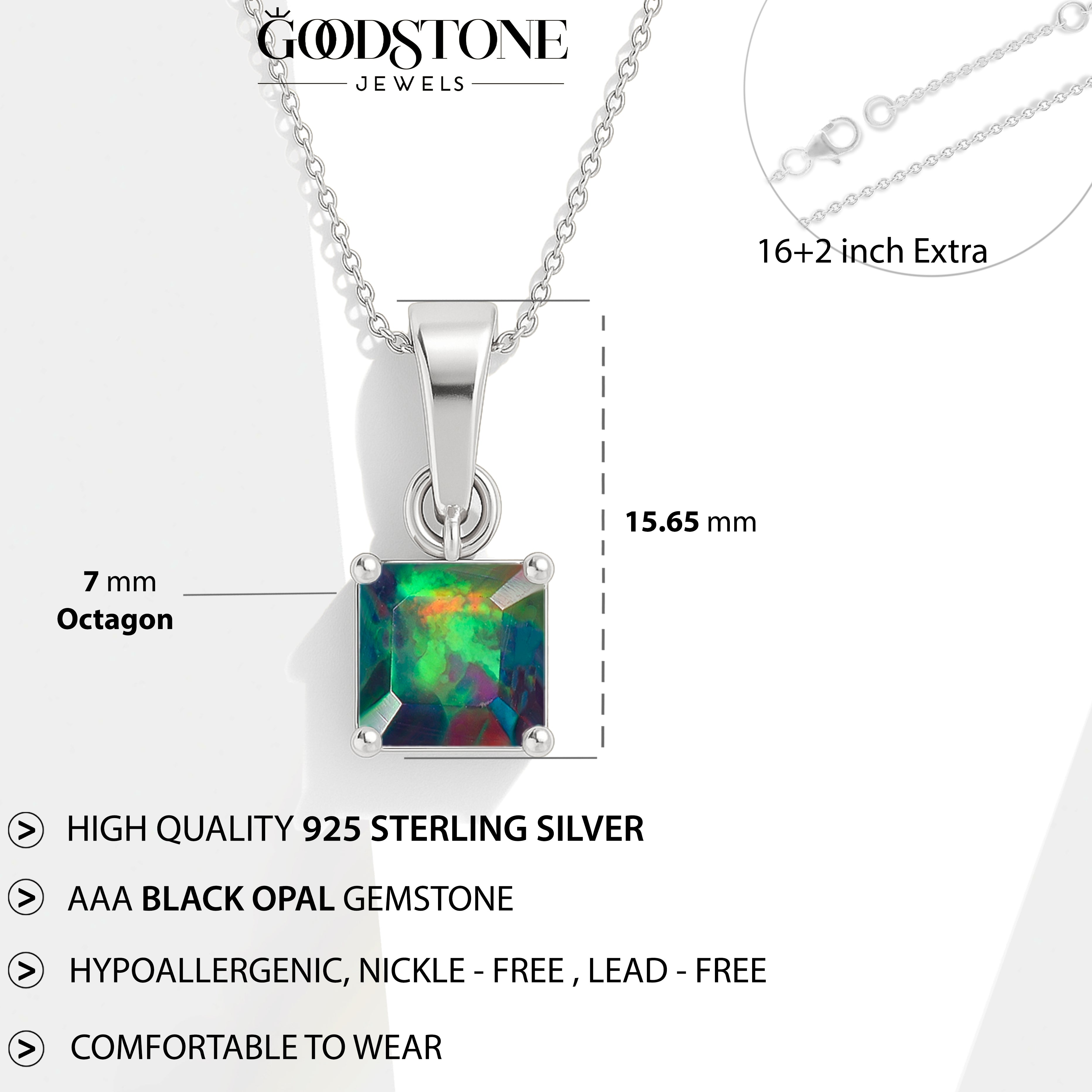 Octagon Black Opal Pendant Necklace in 925 Sterling Silver 7mm Stone 1.20ct