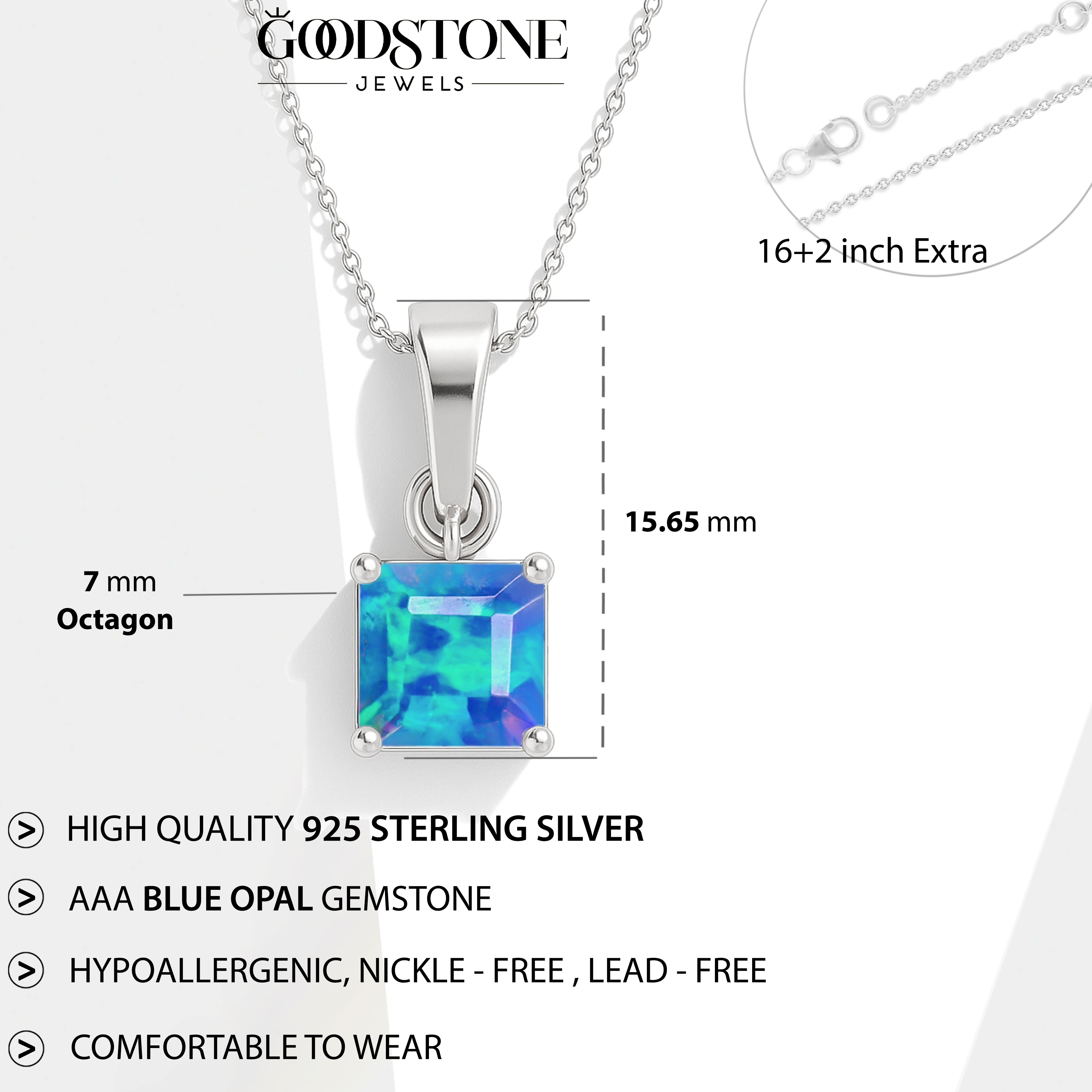 Octagon Blue Opal Pendant Necklace in 925 Sterling Silver 7mm Stone 1.20ct