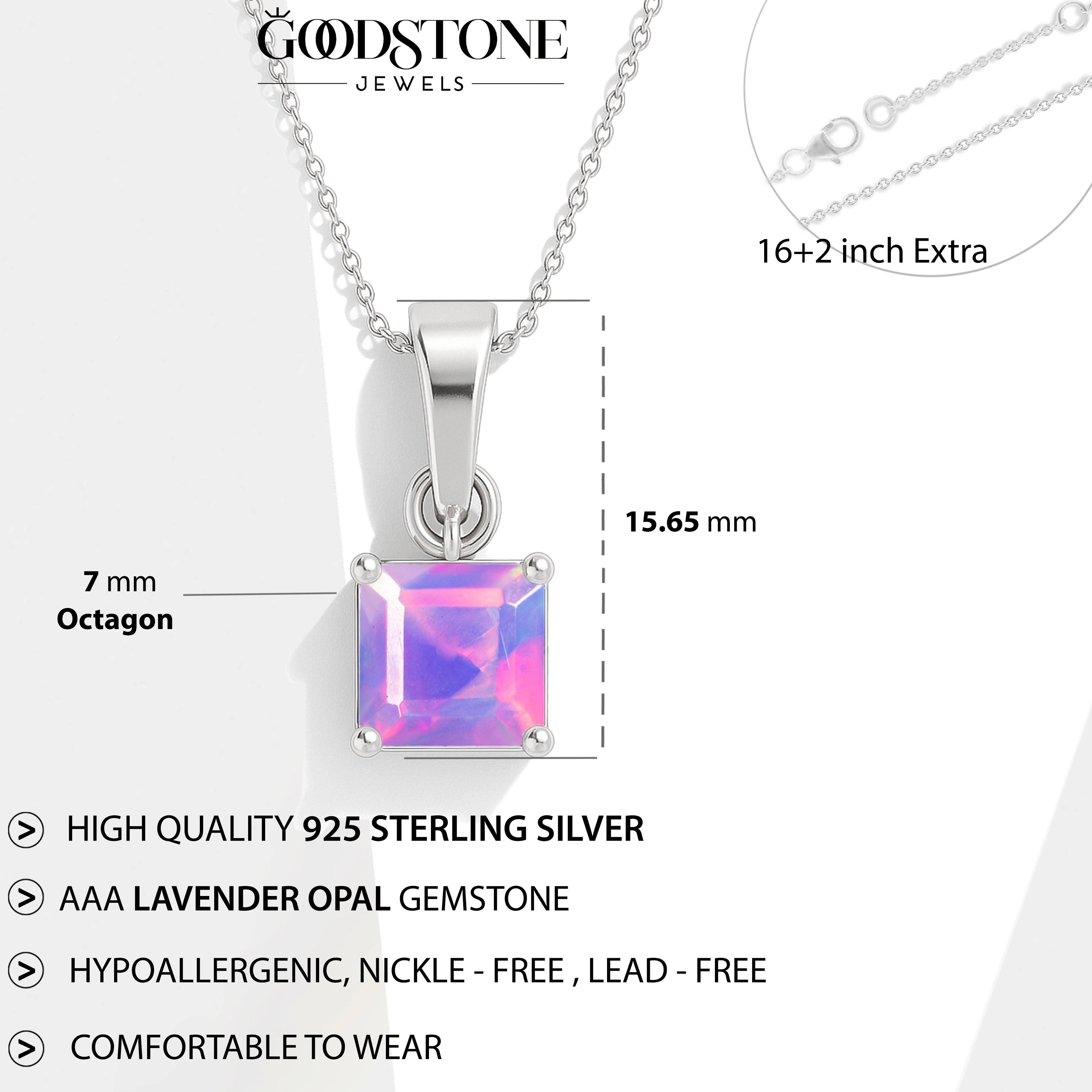 Octagon Lavender Opal Pendant Necklace in 925 Sterling Silver 7mm Stone 1.20ct
