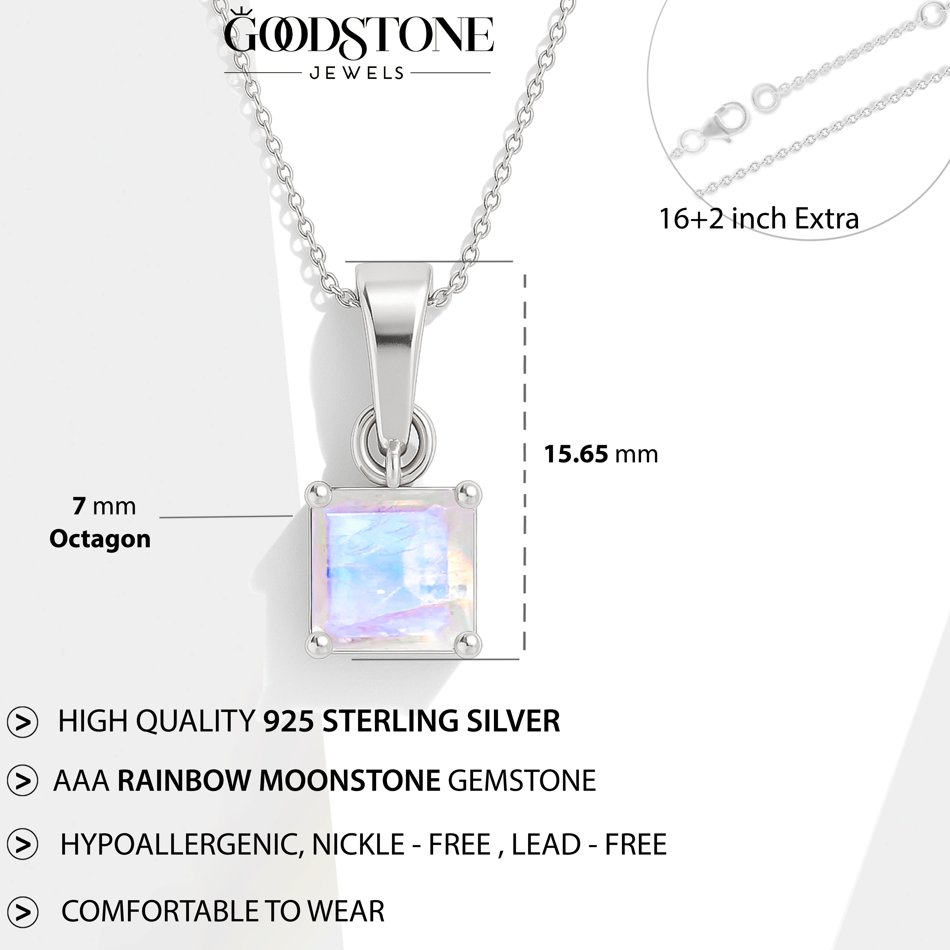 Octagon Moonstone Pendant Necklace in 925 Sterling Silver 7mm Stone 1.50ct