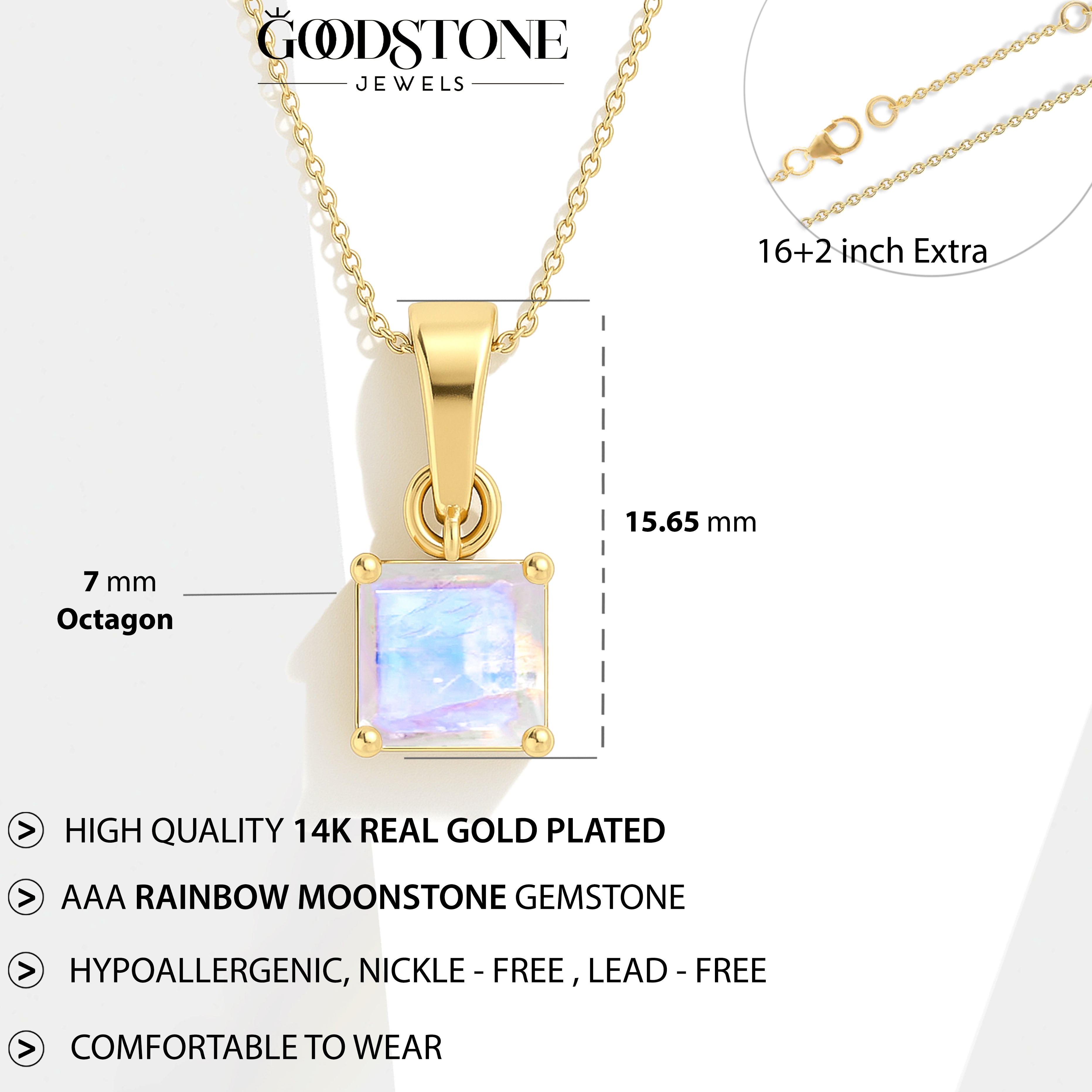 Octagon Moonstone Pendant Necklace in 925 Sterling Silver 7mm Stone 1.50ct