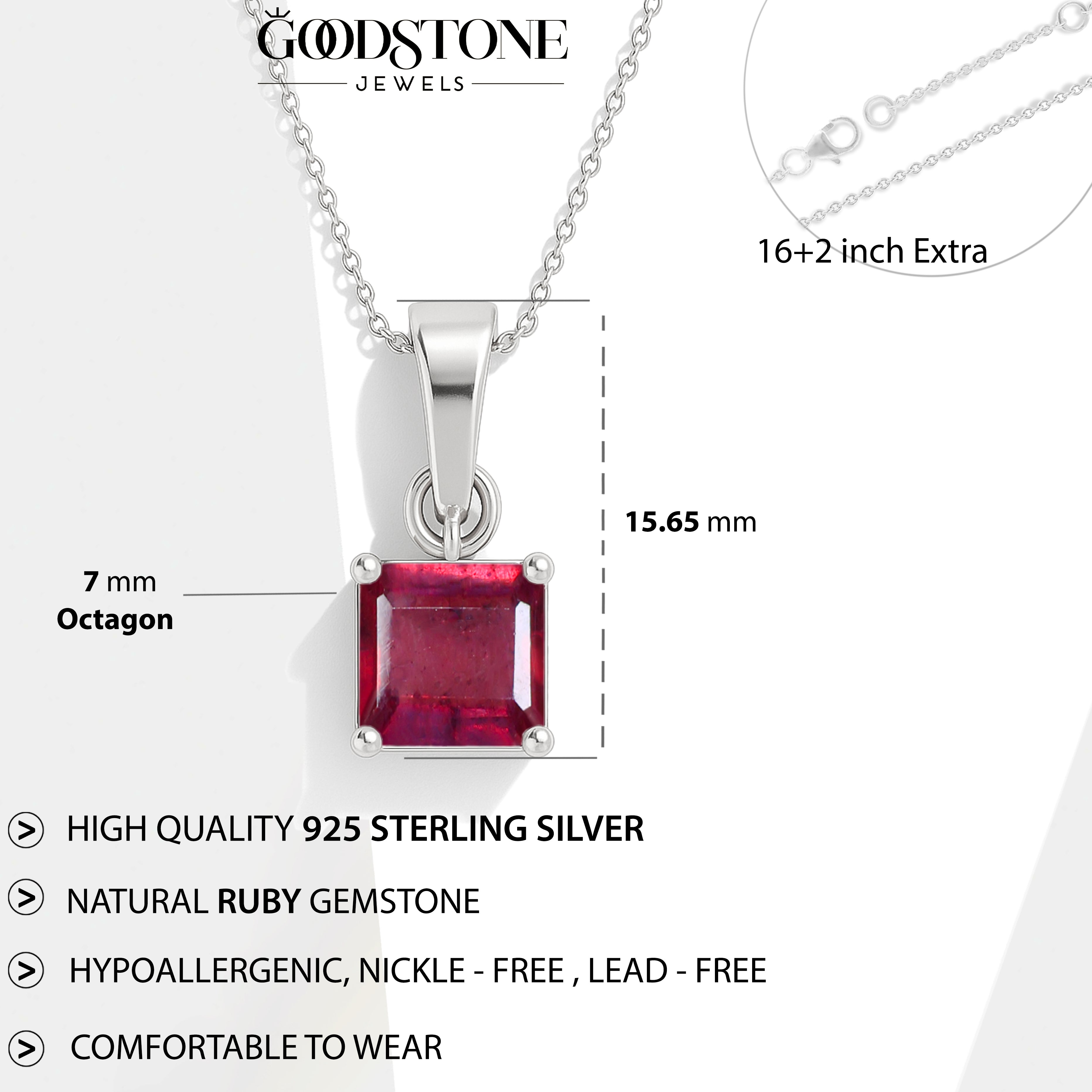 Octagon Ruby Pendant Necklace in 925 Sterling Silver 7mm Stone 1.50ct