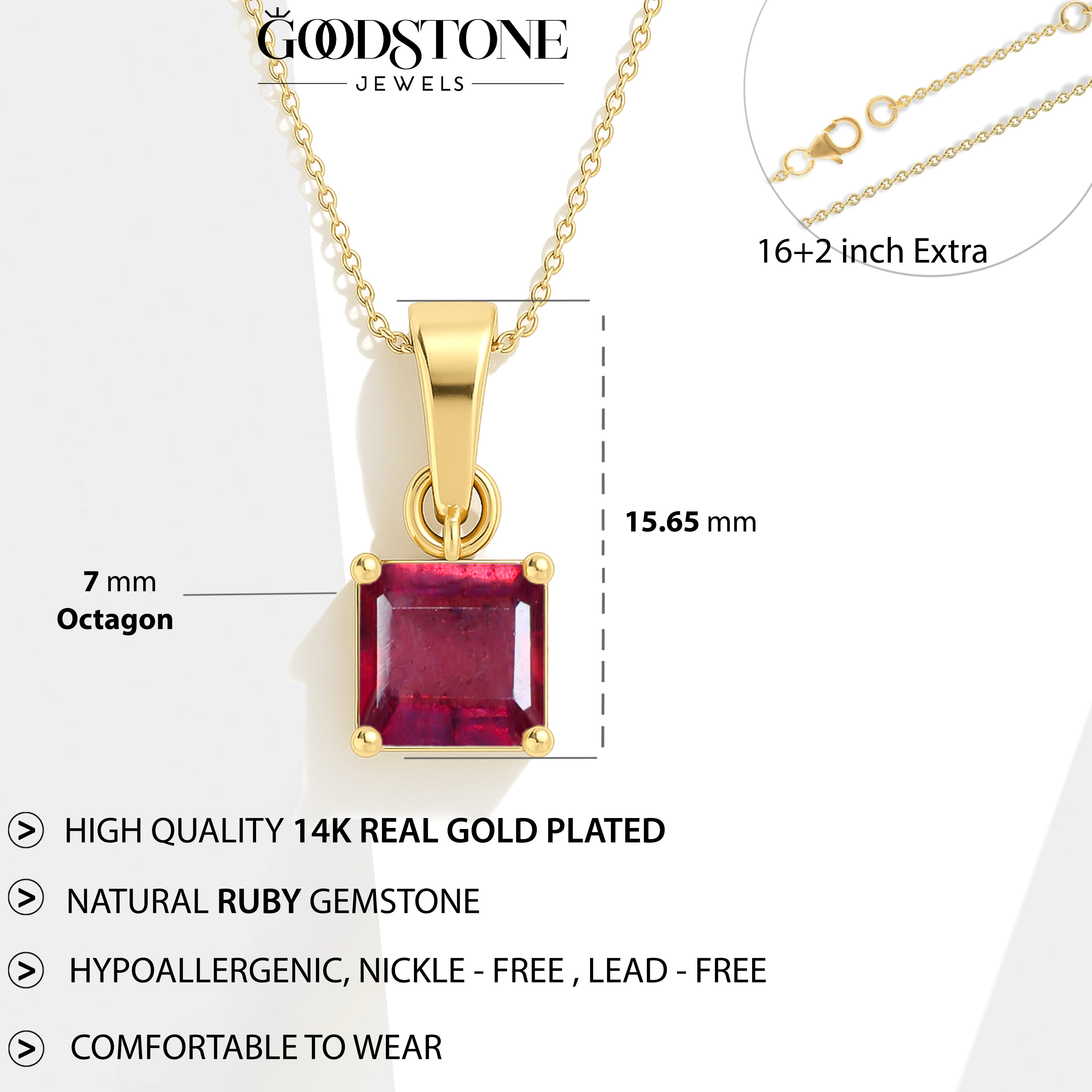 Octagon Ruby Pendant Necklace in 925 Sterling Silver 7mm Stone 1.50ct