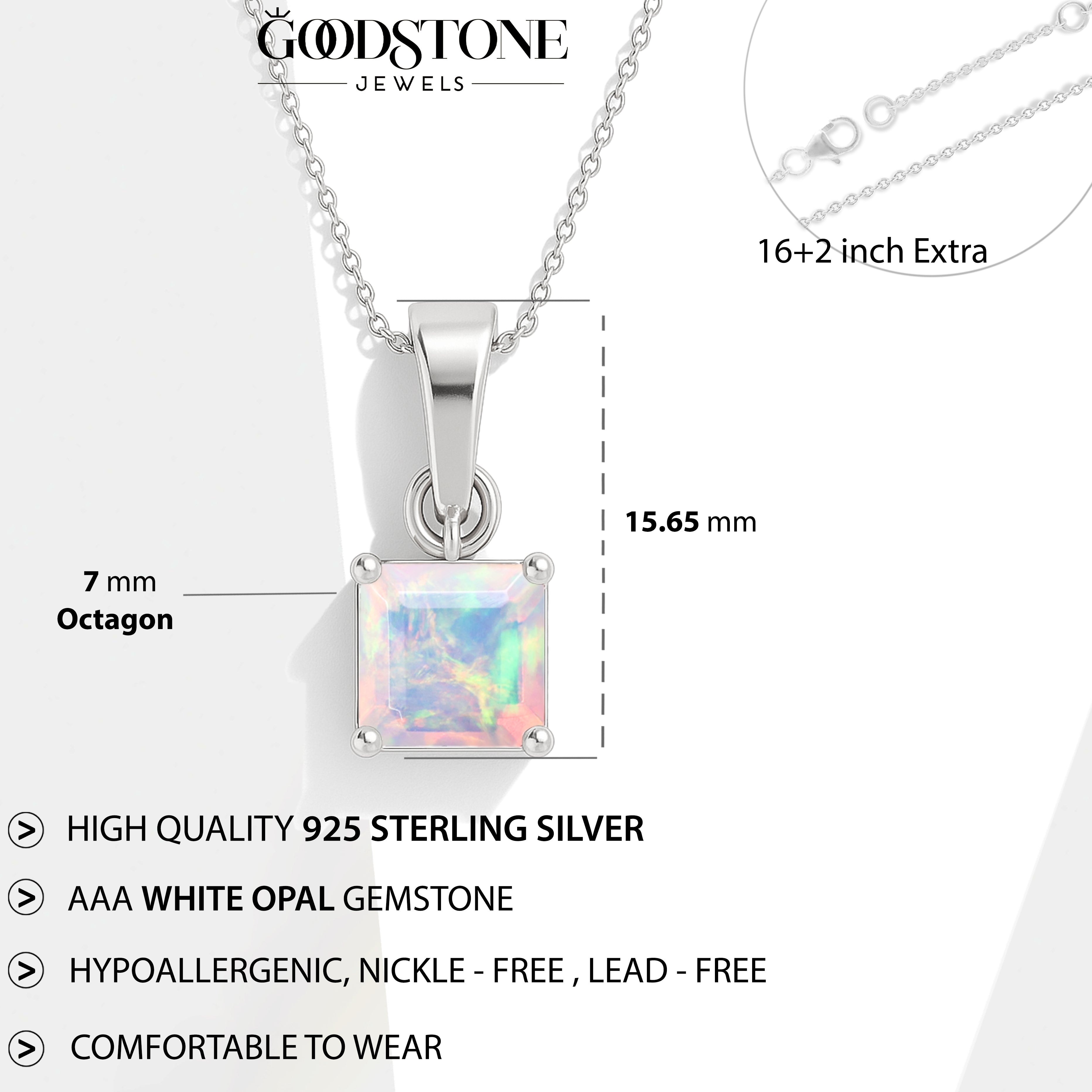 Octagon White Opal Pendant Necklace in 925 Sterling Silver 7mm Stone 1.20ct