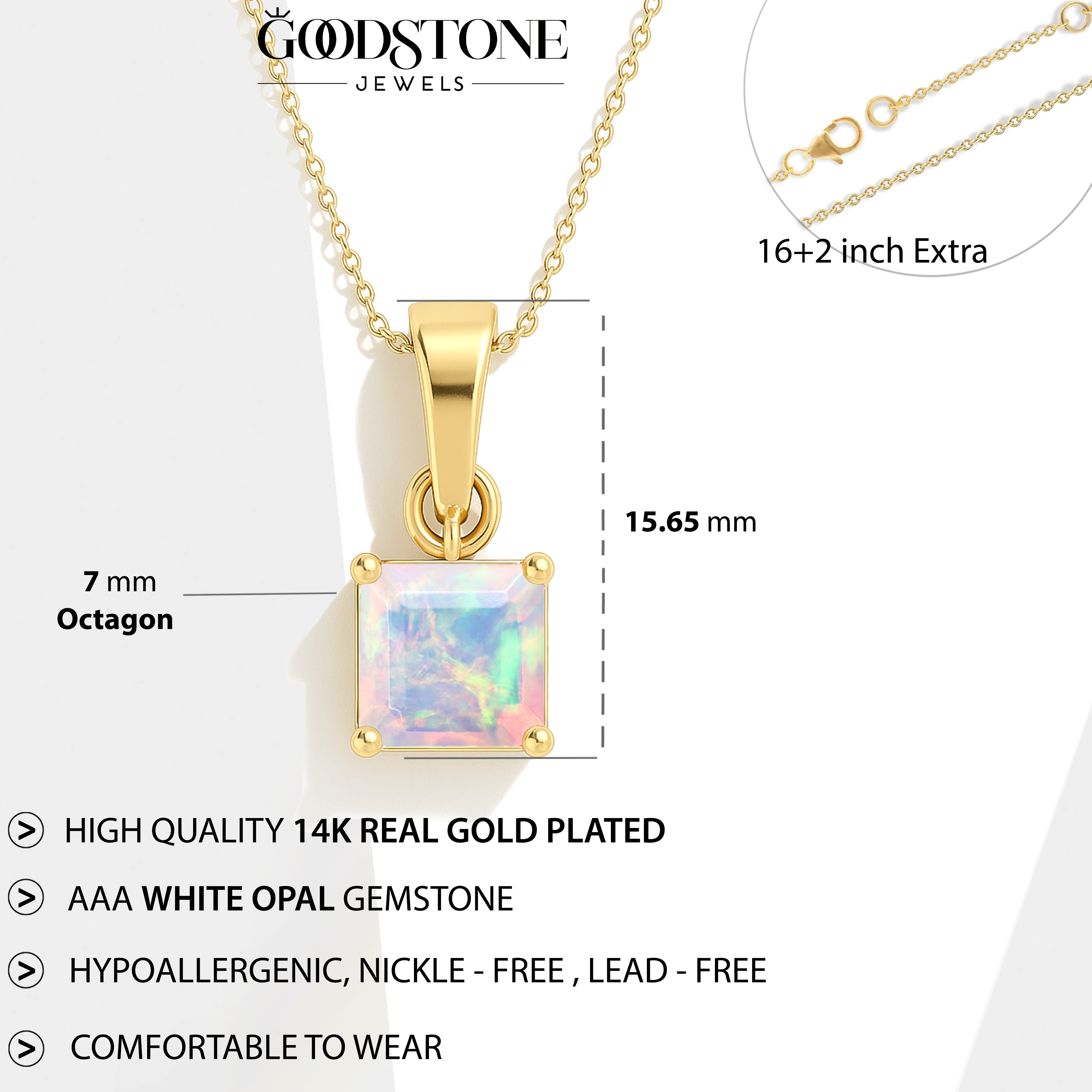 Octagon White Opal Pendant Necklace in 925 Sterling Silver 7mm Stone 1.20ct