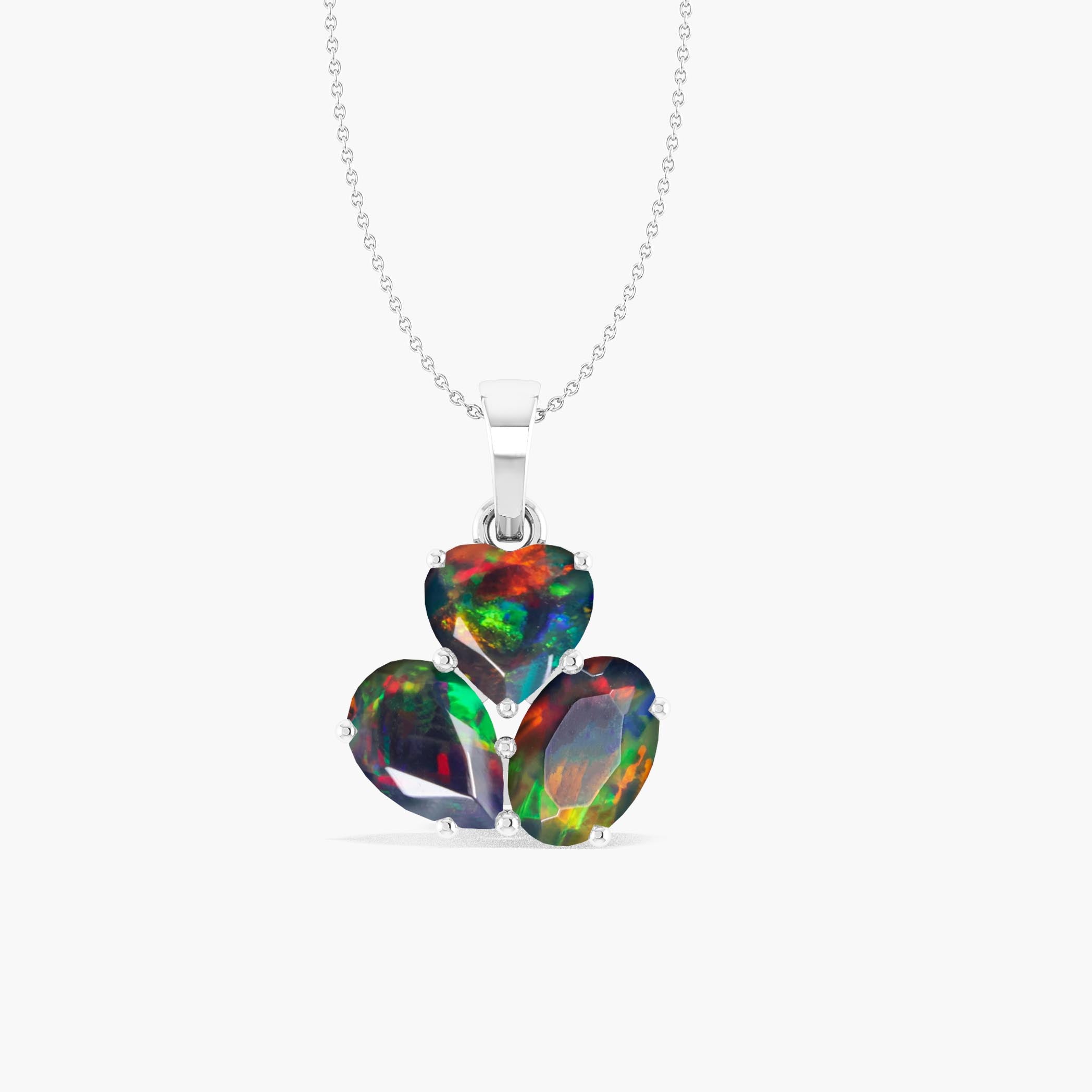 Black Opal 3 Stone Heart Pendant Necklace in 925 Sterling Silver 1.3ct