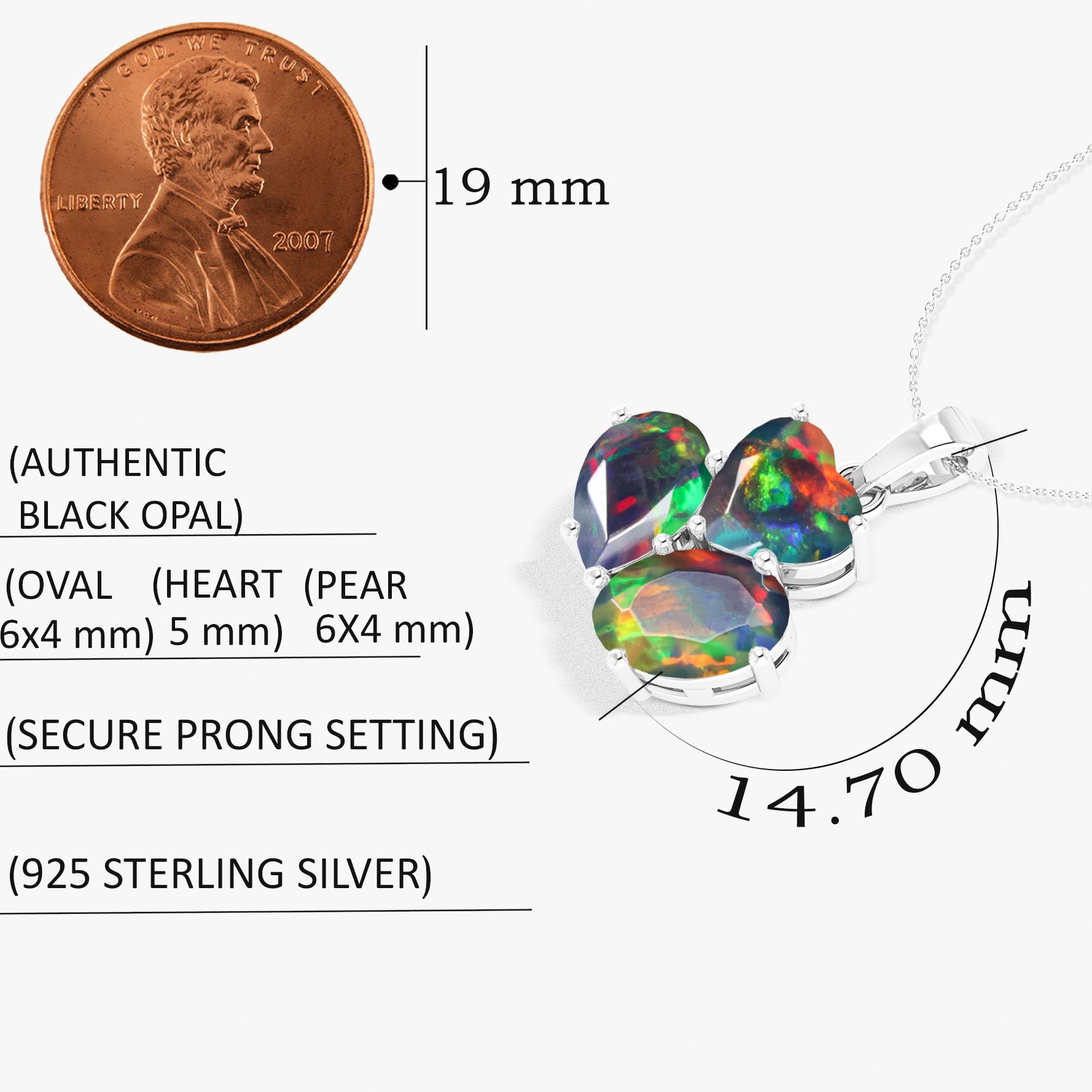 Black Opal 3 Stone Heart Pendant Necklace in 925 Sterling Silver 1.3ct