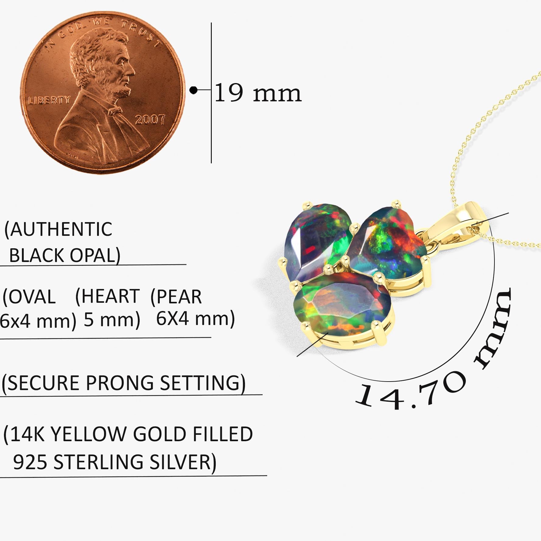 Black Opal 3 Stone Heart Pendant Necklace in 925 Sterling Silver 1.3ct