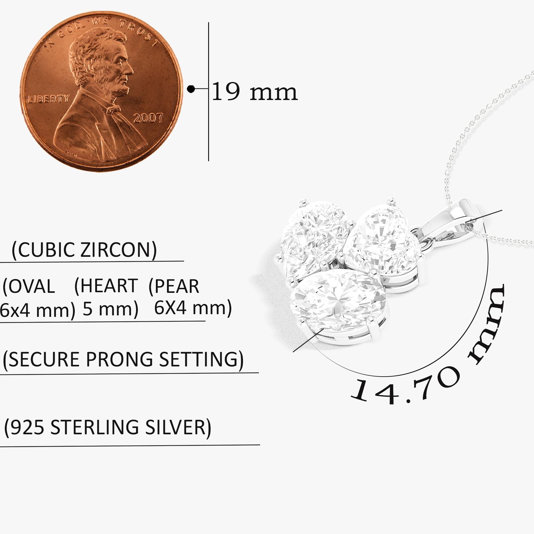 Cubic Zirconia 3 Stone Heart Pendant Necklace in 925 Sterling Silver 1.65ct