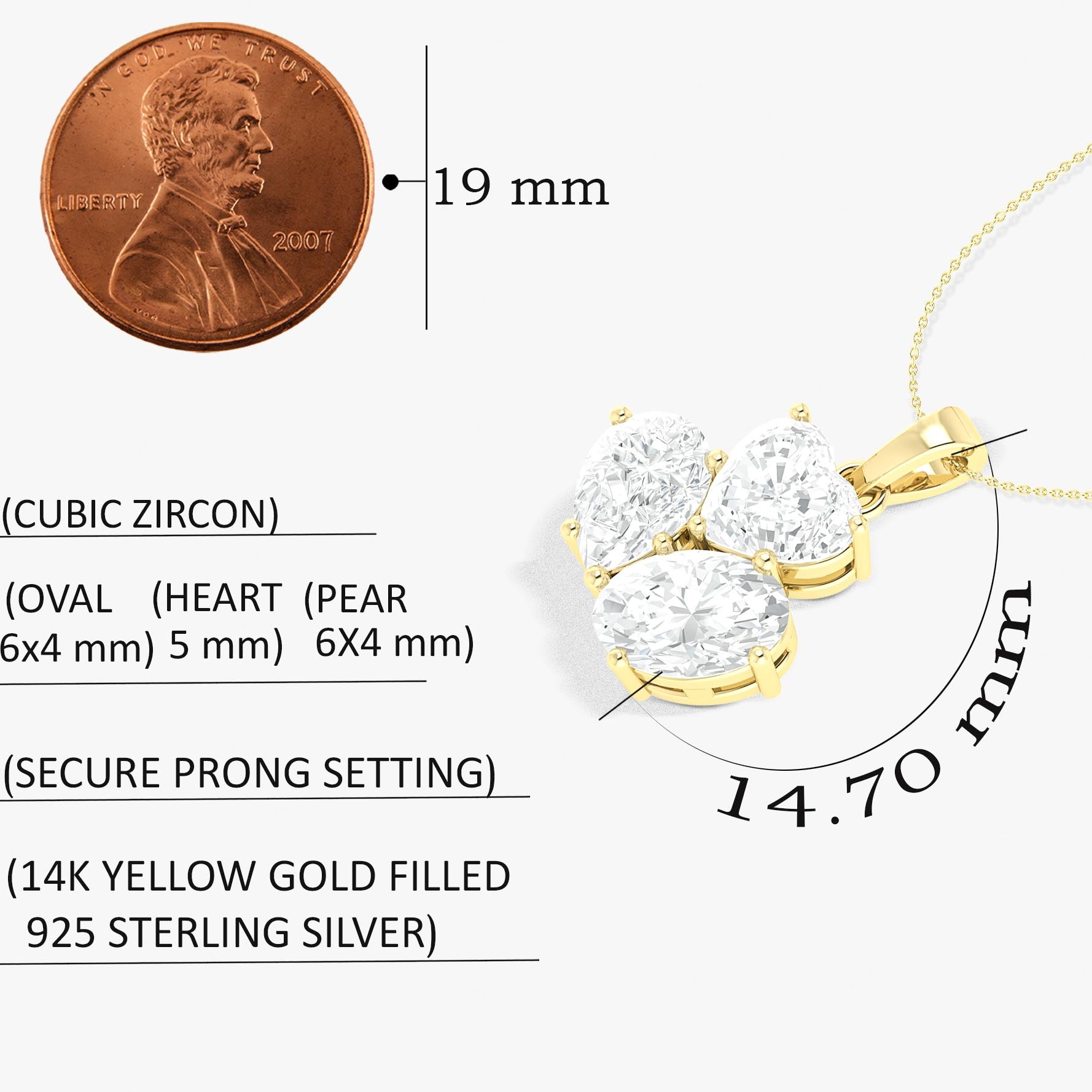 Cubic Zirconia 3 Stone Heart Pendant Necklace in 925 Sterling Silver 1.65ct