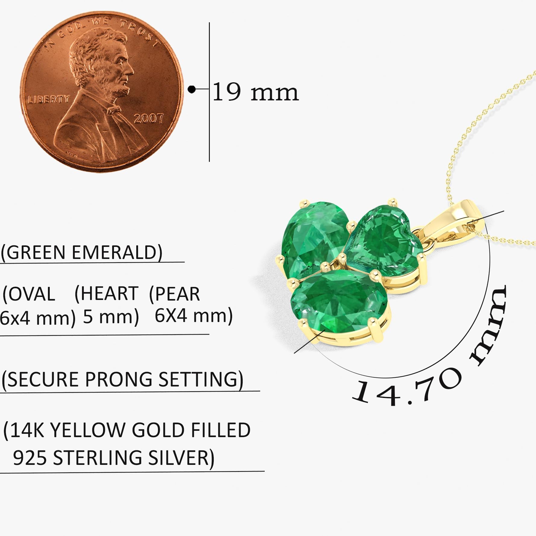 Emerald 3 Stone Heart Pendant Necklace in 925 Sterling Silver 1.65ct