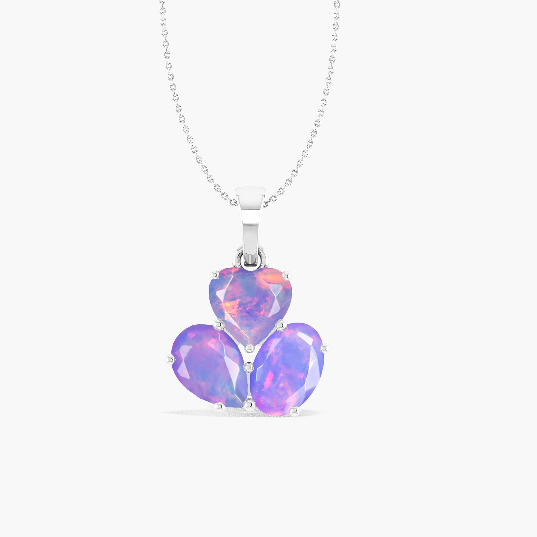 Lavender Opal 3 Stone Heart Pendant Necklace in 925 Sterling Silver 1.3ct